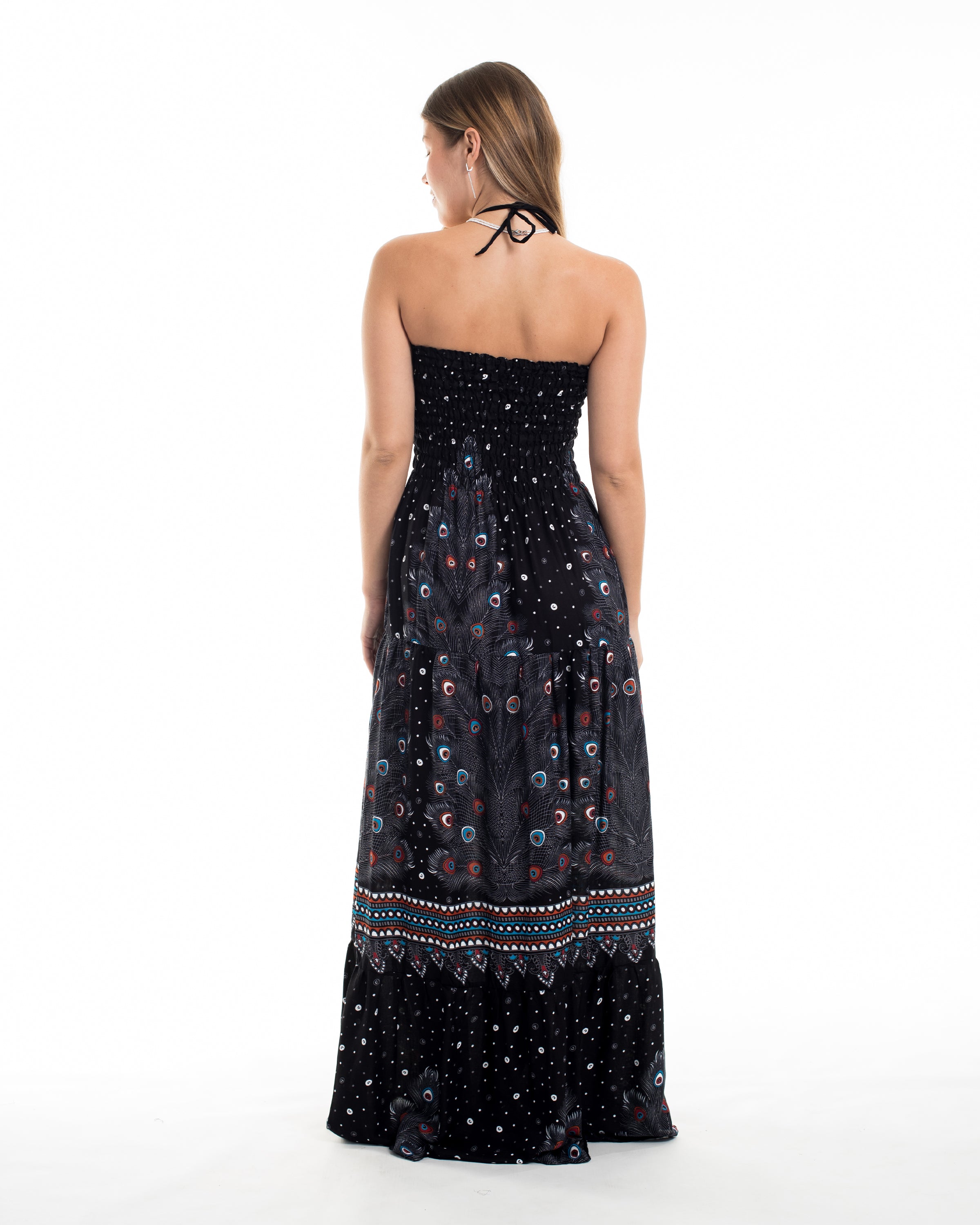 Peacock Smocked Maxi Dress in Black