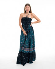 Peacock Smocked Maxi Dress in Turquoise