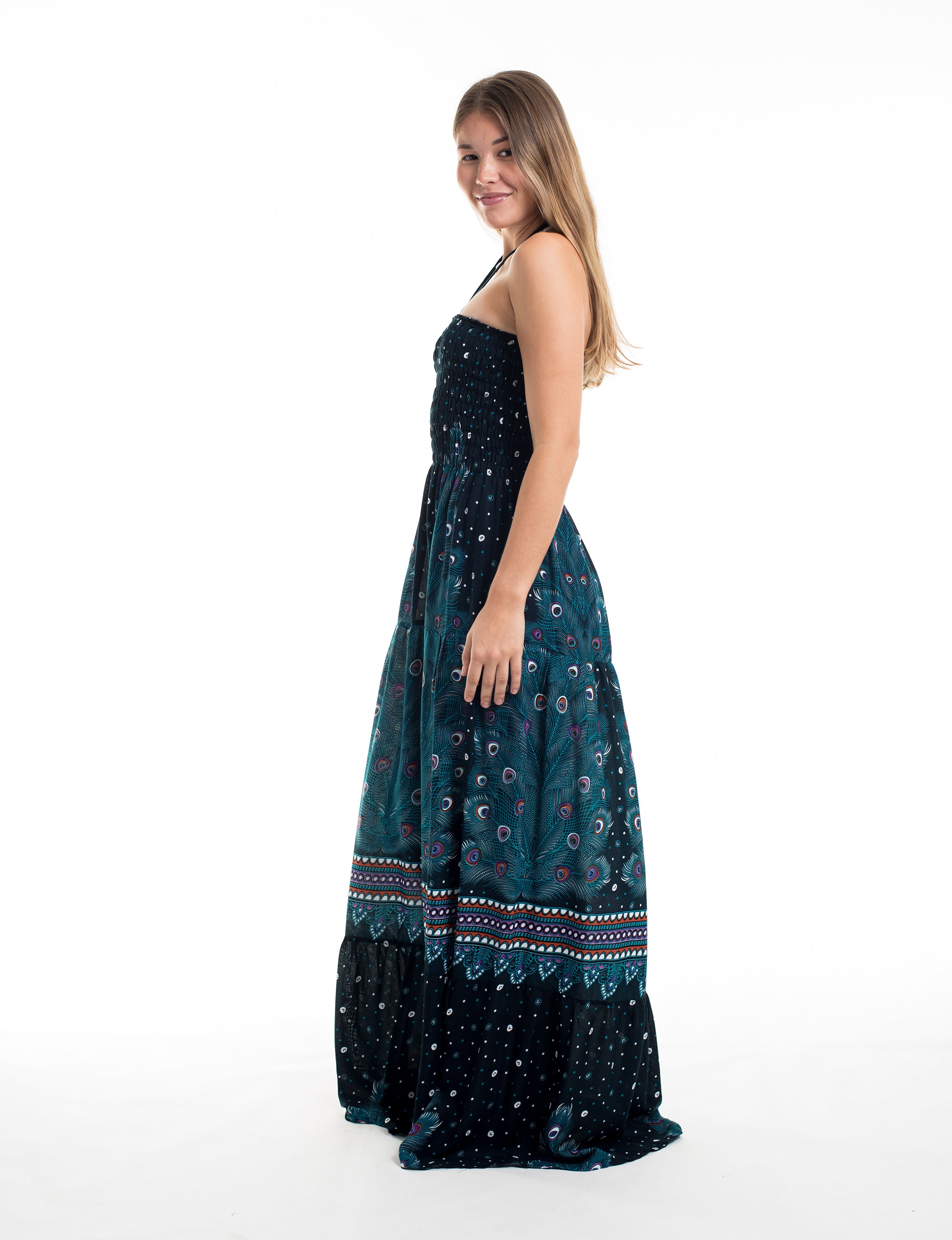 Peacock Smocked Maxi Dress in Turquoise
