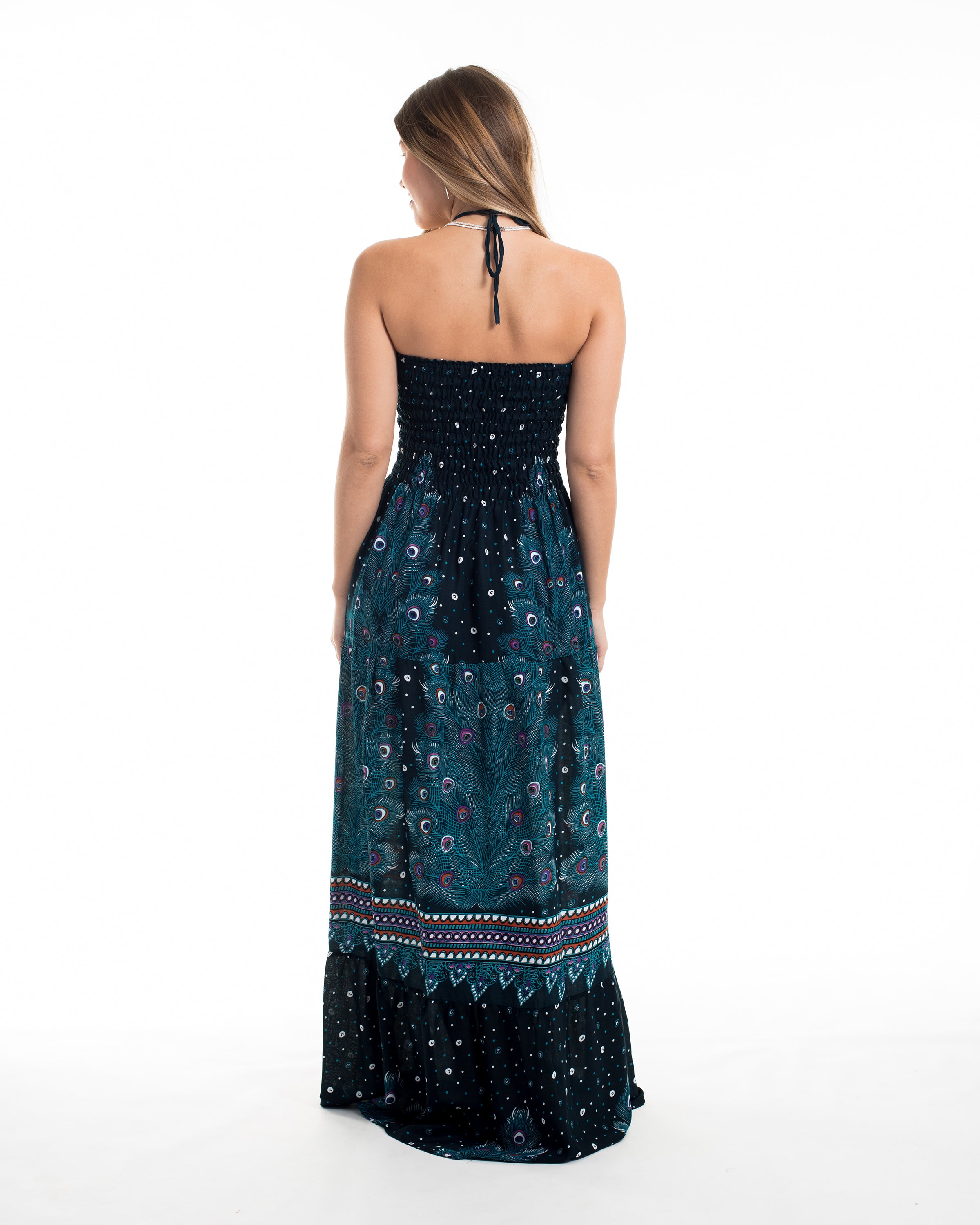 Peacock Smocked Maxi Dress in Turquoise