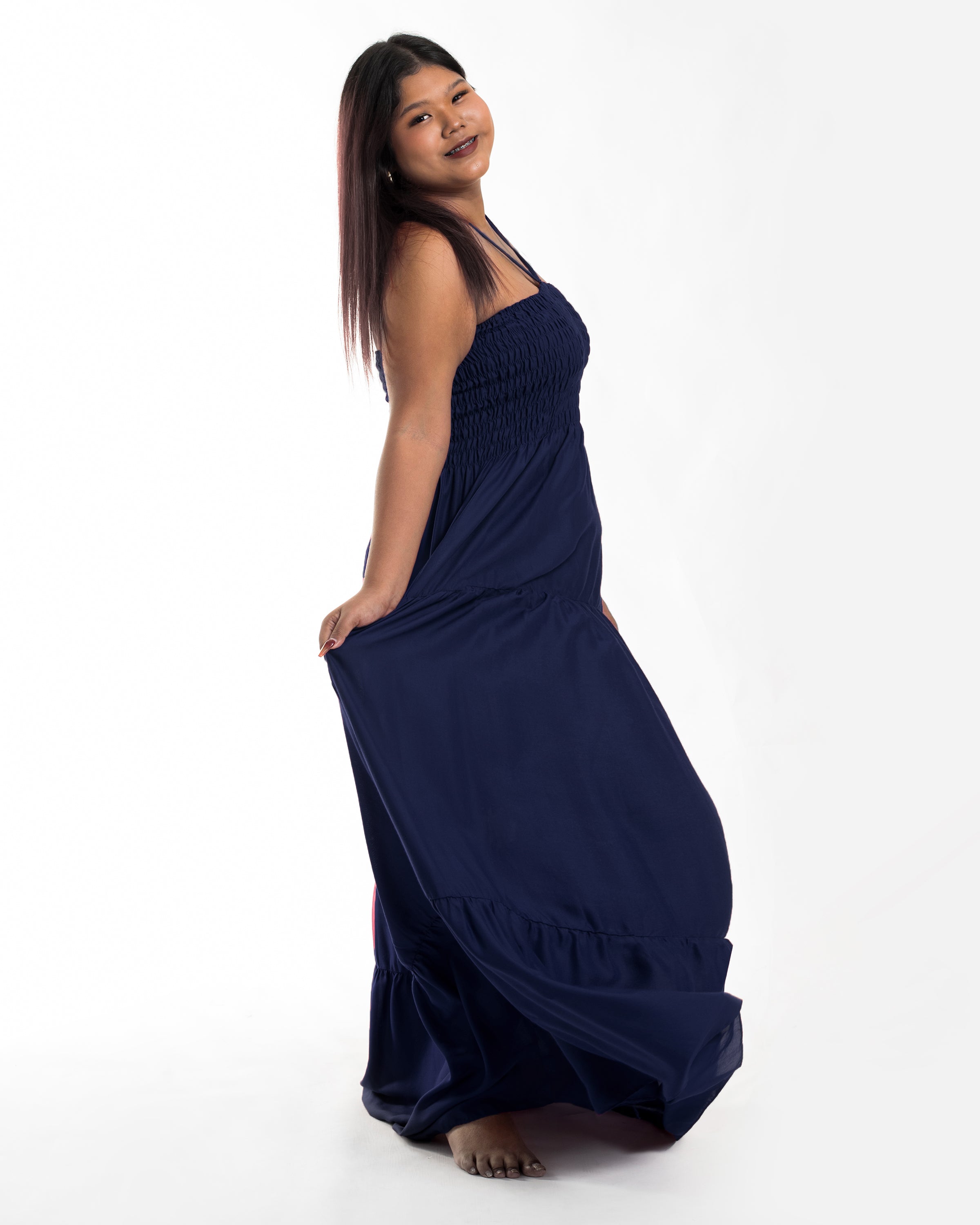 Plus Size Solid Color Smocked Maxi Dress in Blue
