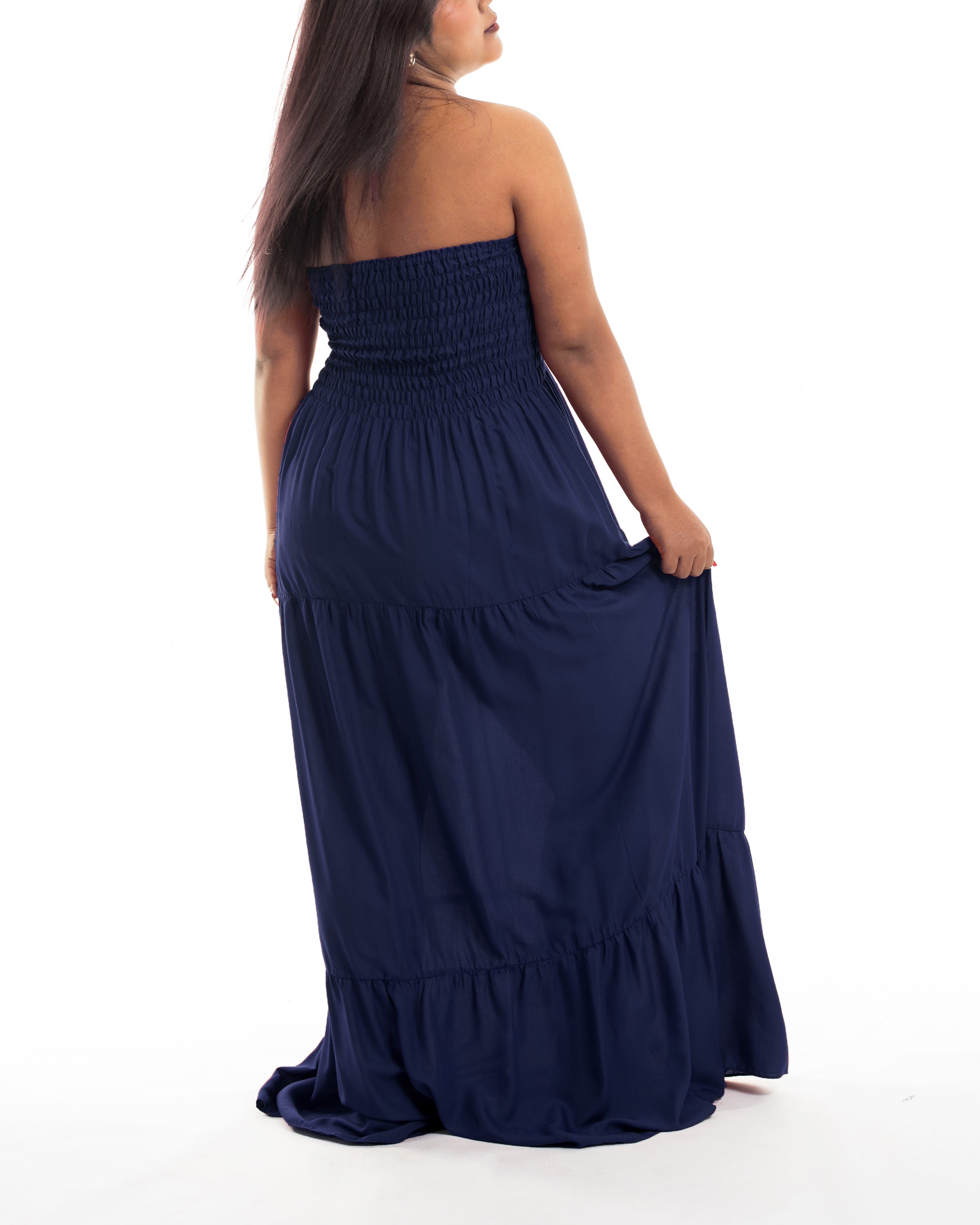 Plus Size Solid Color Smocked Maxi Dress in Blue