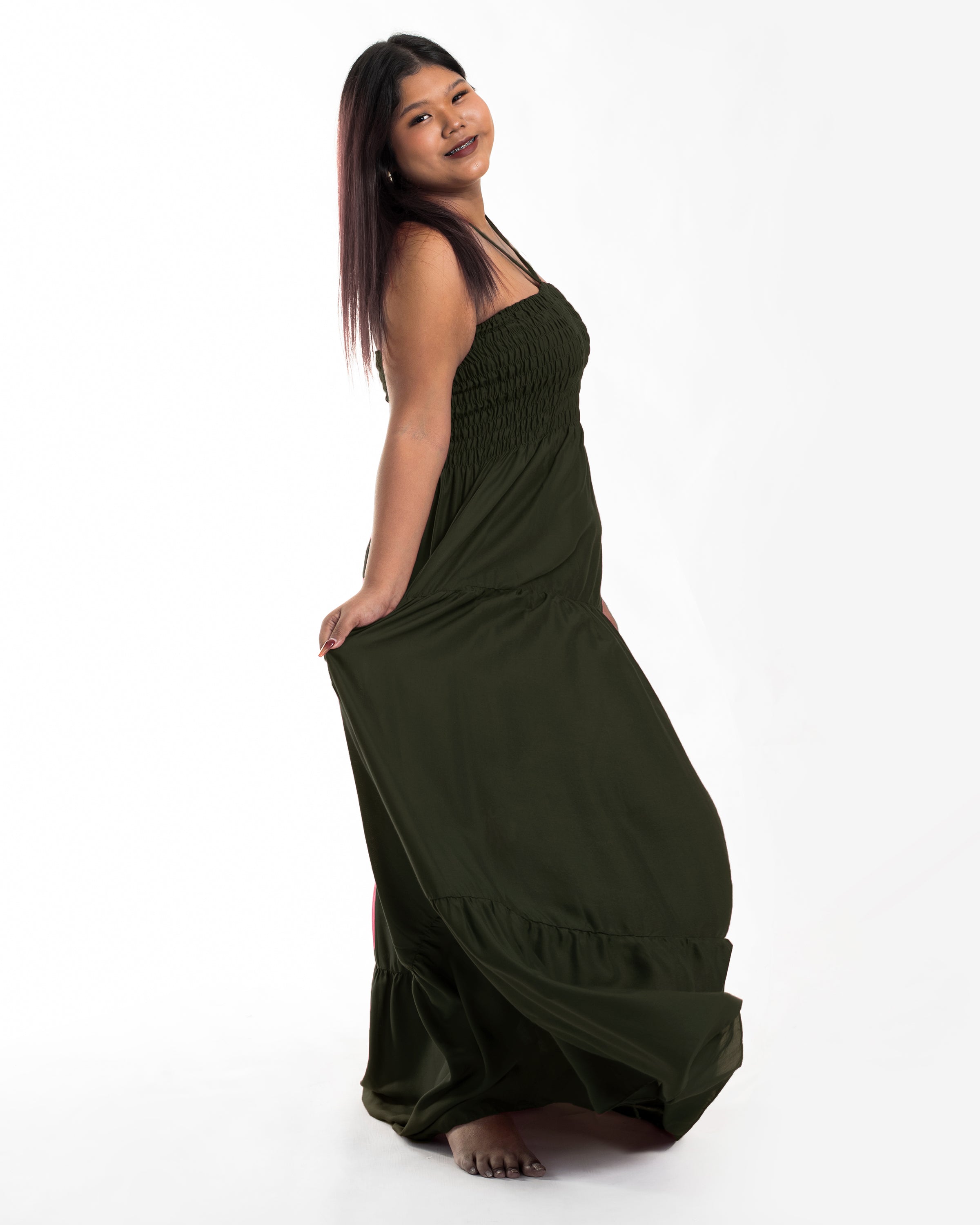 Plus Size Solid Color Smocked Maxi Dress in Dark Green