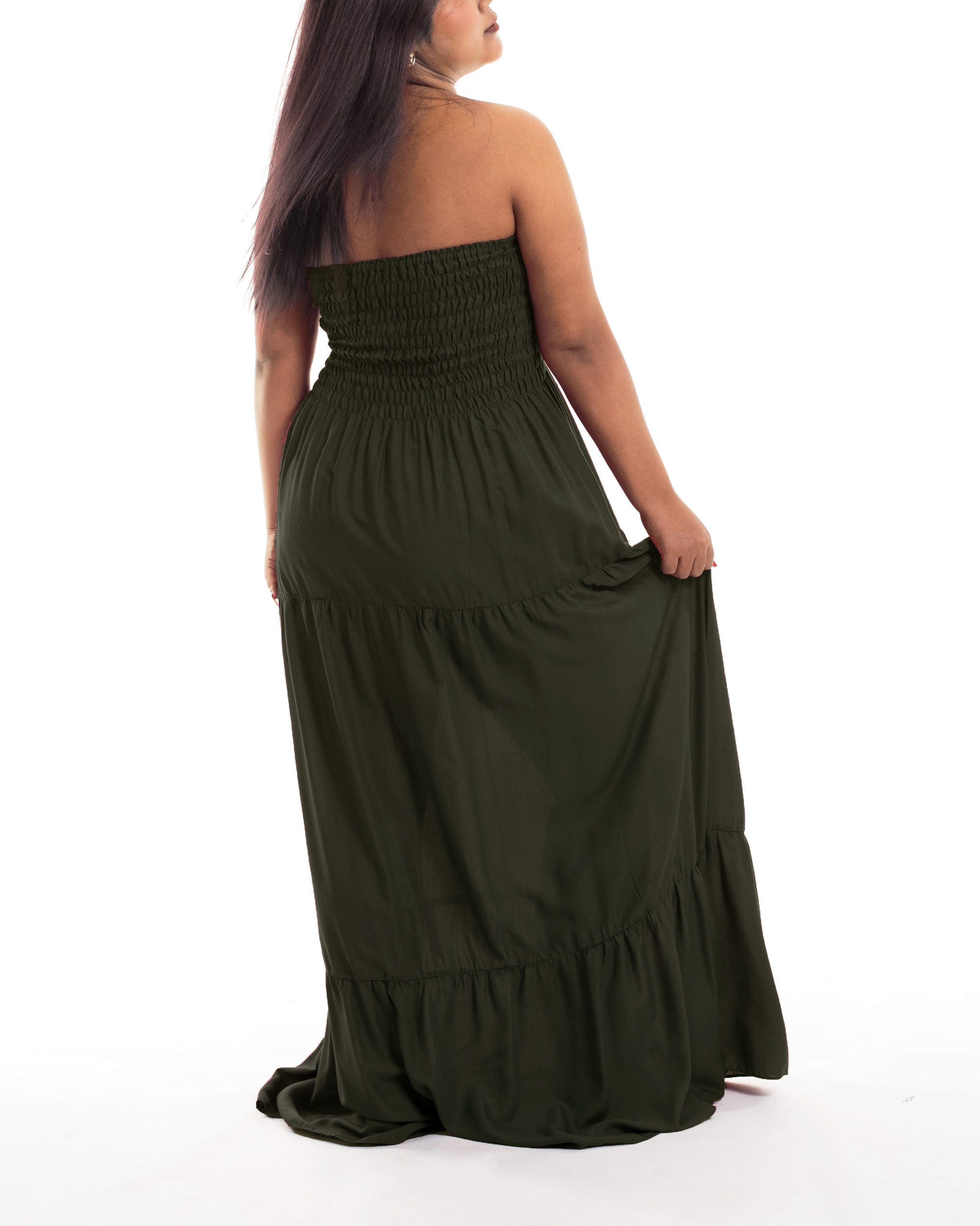 Plus Size Solid Color Smocked Maxi Dress in Dark Green
