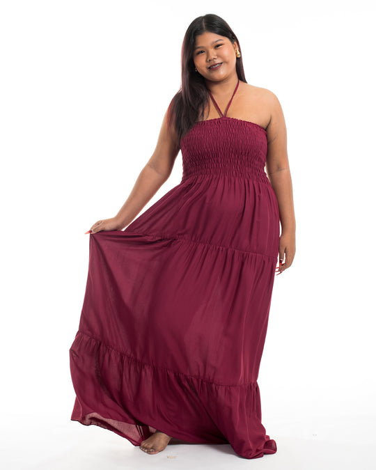 Plus Size Solid Color Smocked Maxi Dress in Red