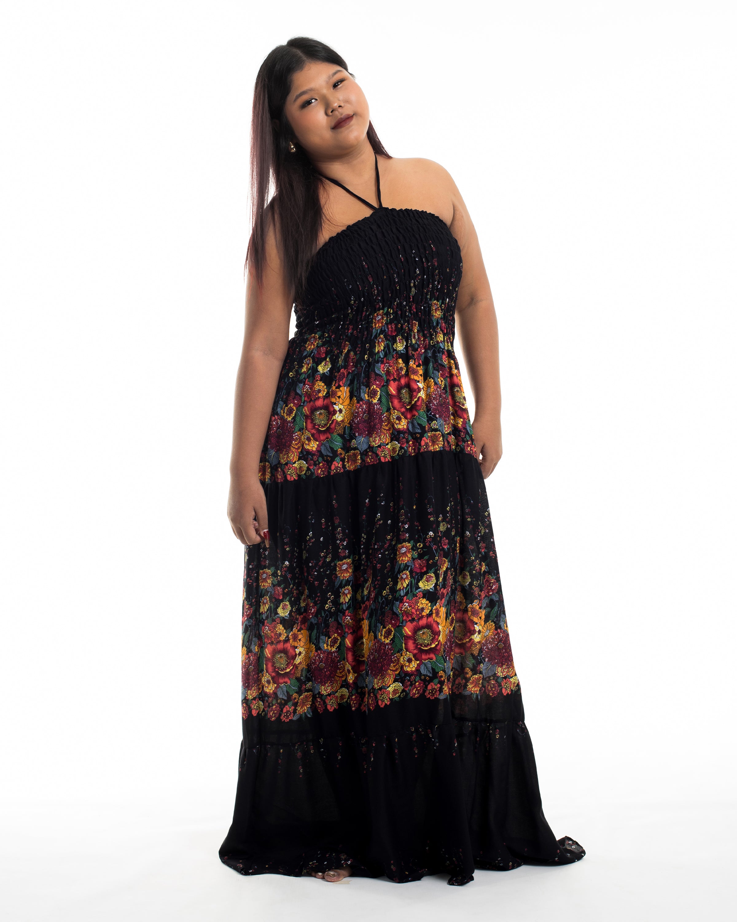 Plus Size Floral Smocked Maxi Dress in Black