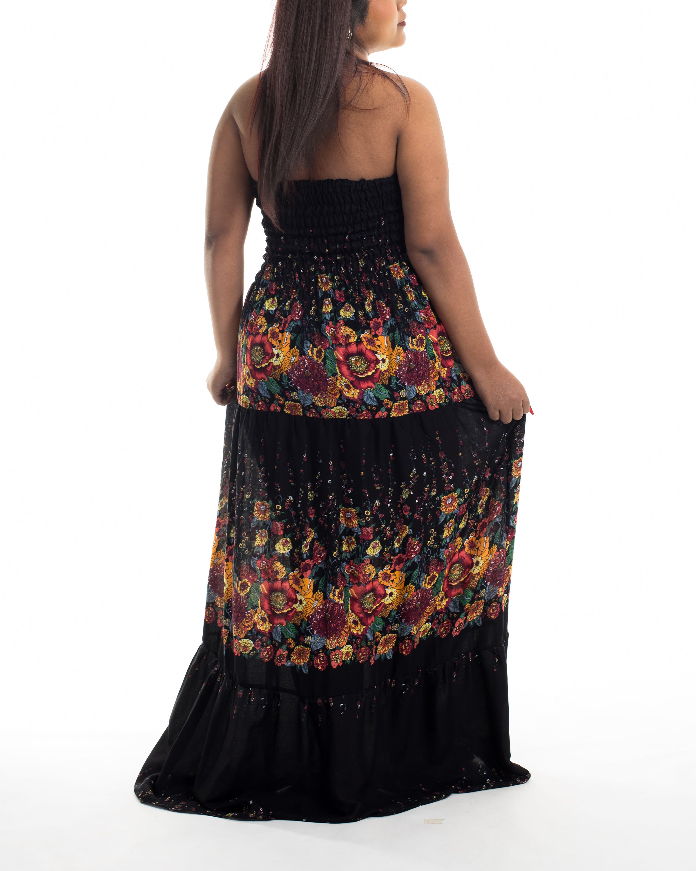 Plus Size Floral Smocked Maxi Dress in Black
