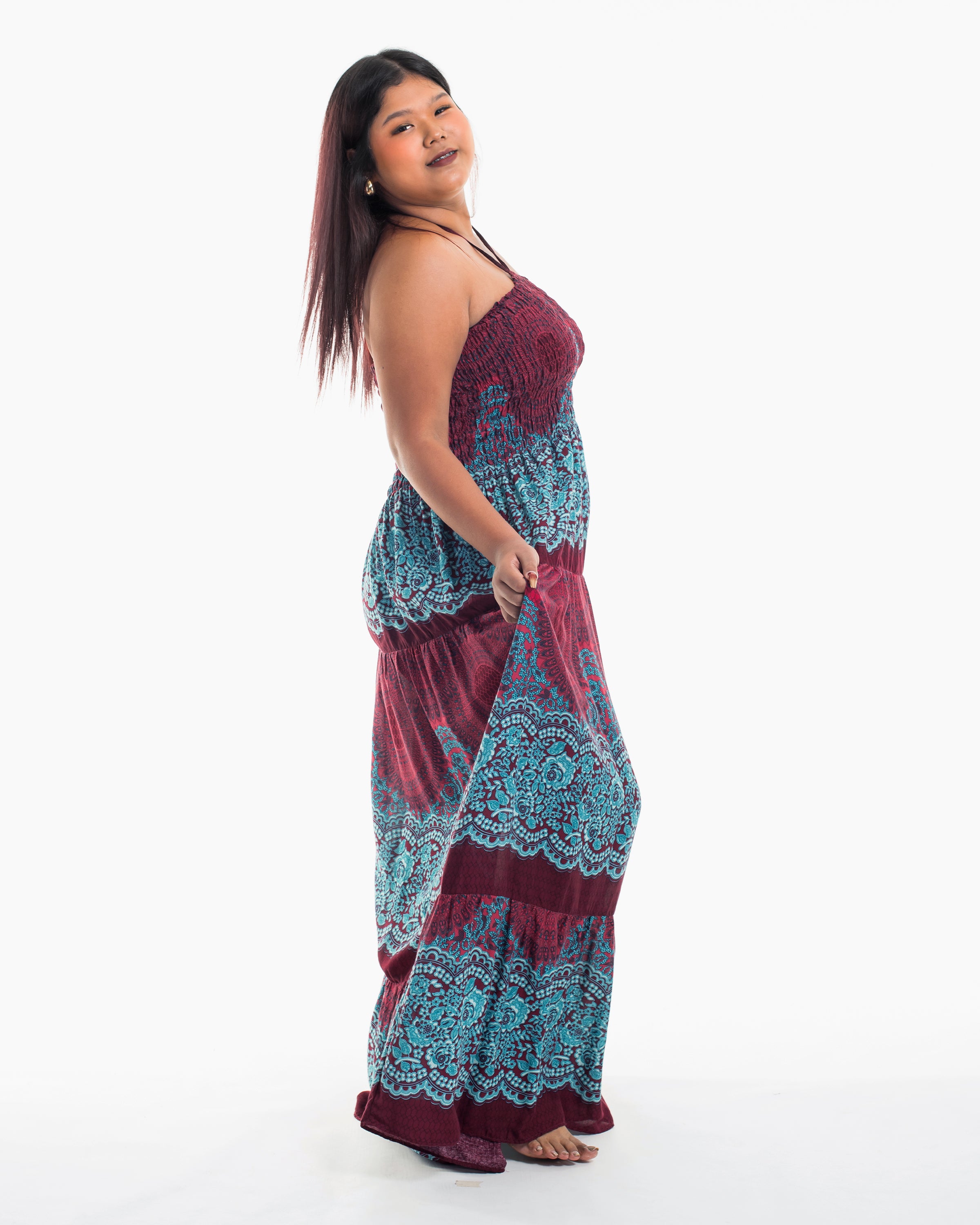 Plus Size Geometric Mandalas Smocked Maxi Dress in Red