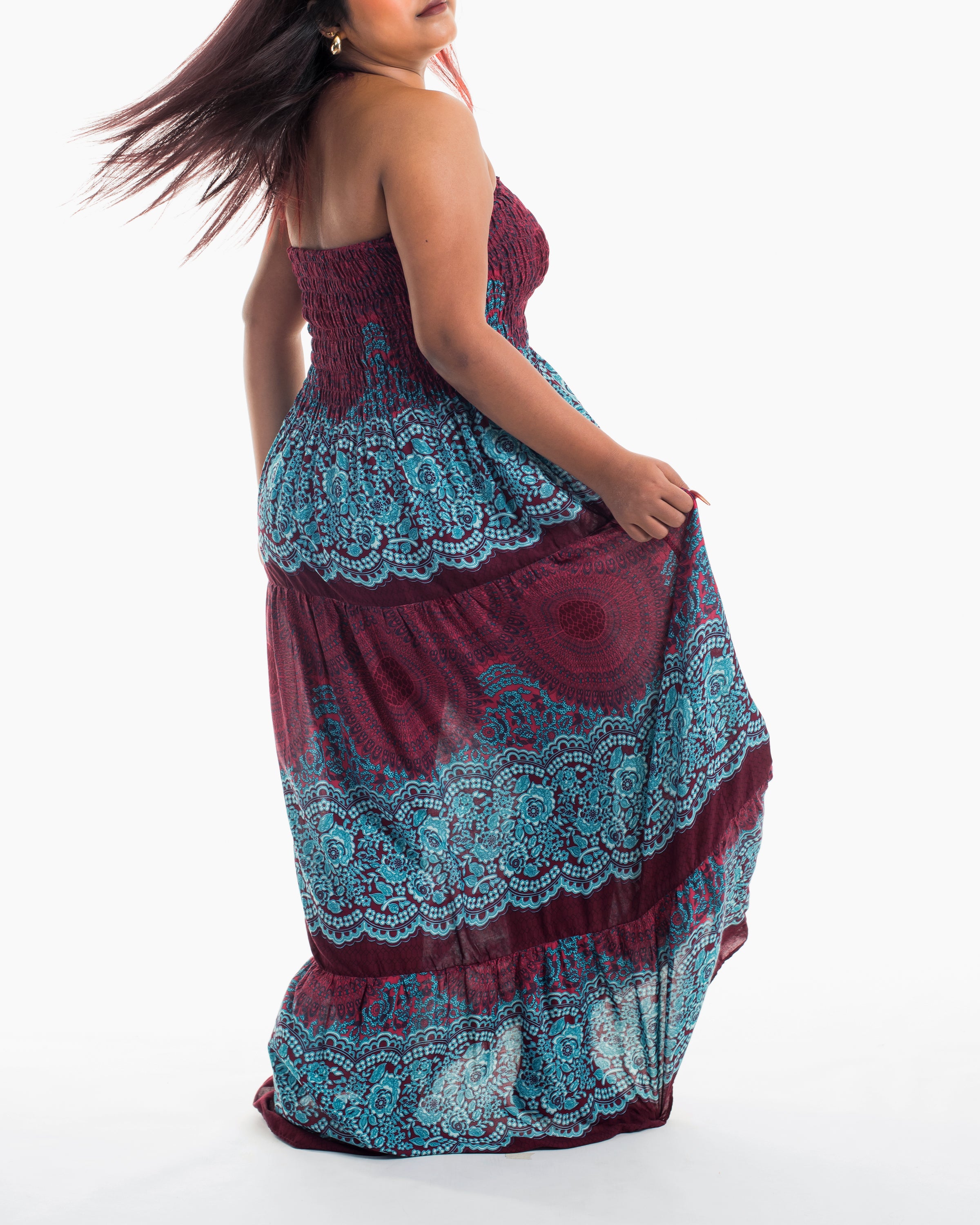 Plus Size Geometric Mandalas Smocked Maxi Dress in Red