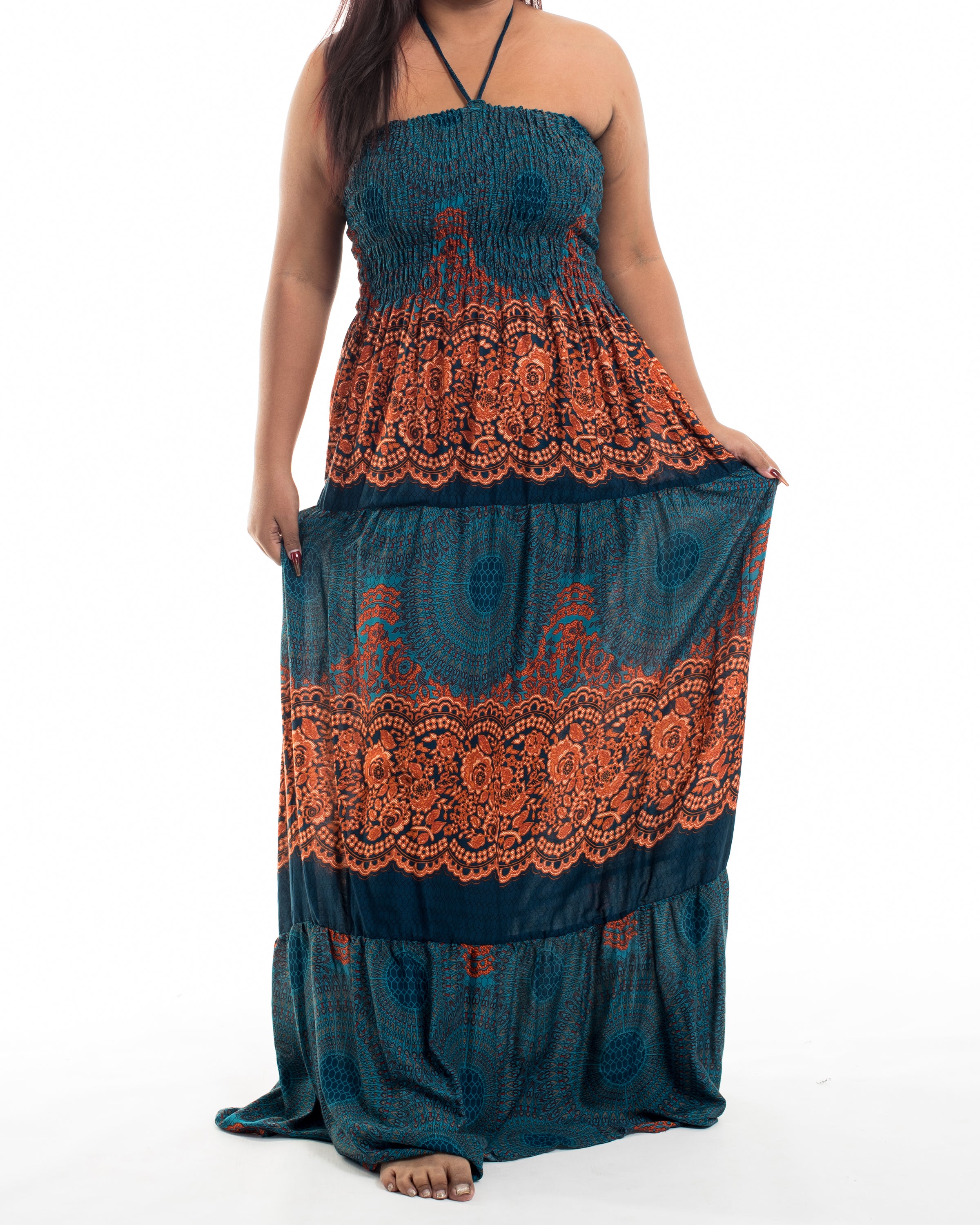 Plus Size Geometric Mandalas Smocked Maxi Dress in Turquoise