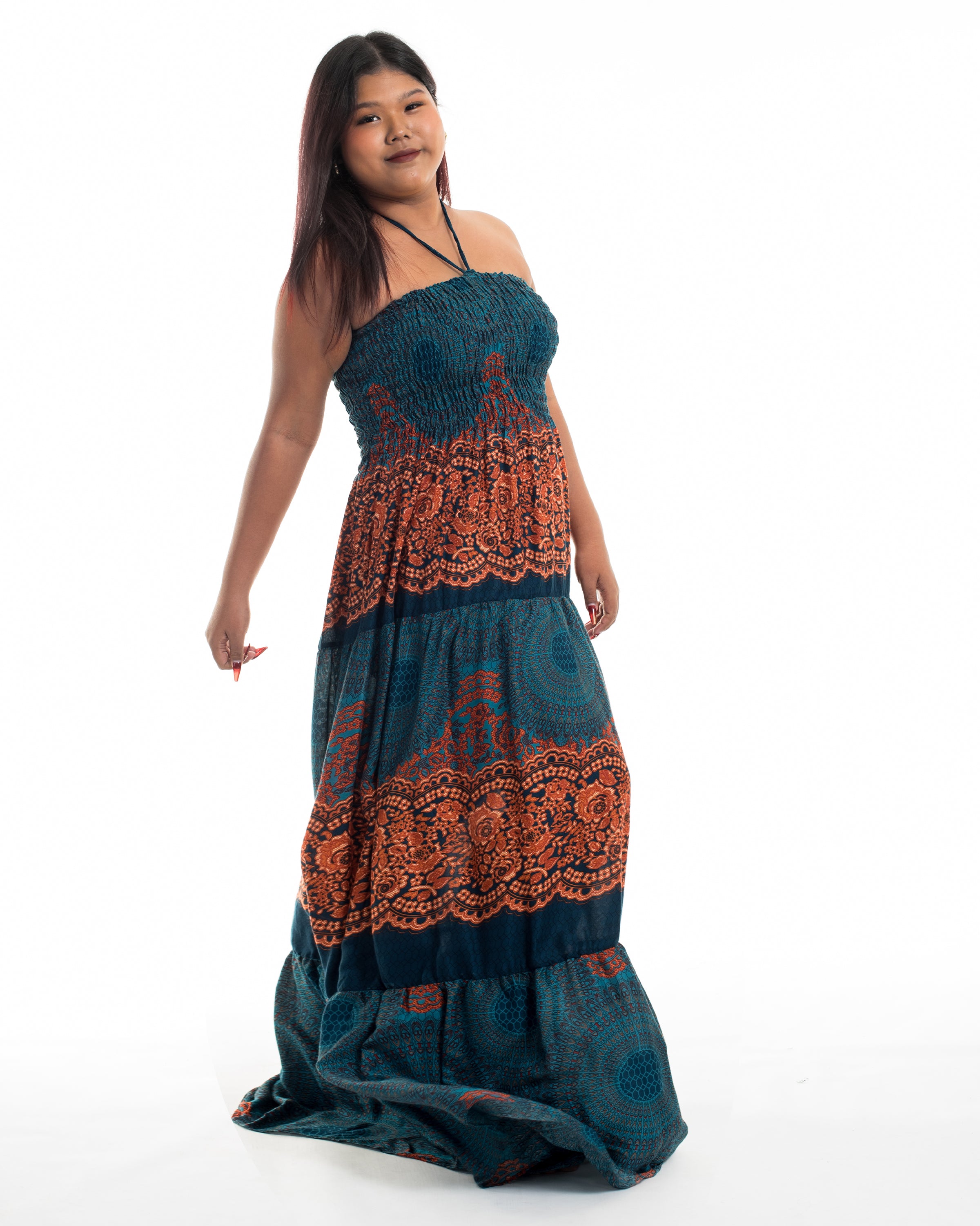 Plus Size Geometric Mandalas Smocked Maxi Dress in Turquoise