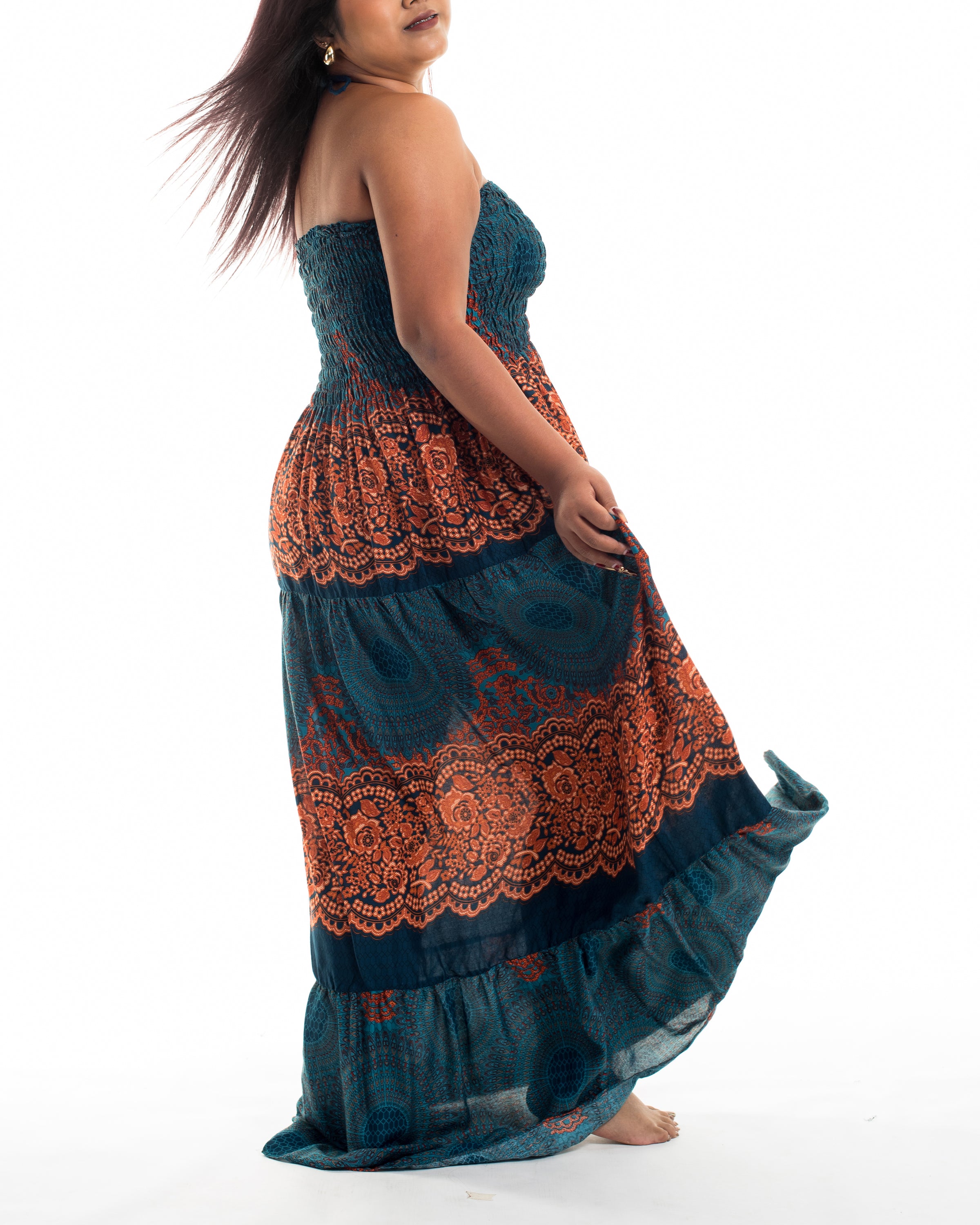 Plus Size Geometric Mandalas Smocked Maxi Dress in Turquoise