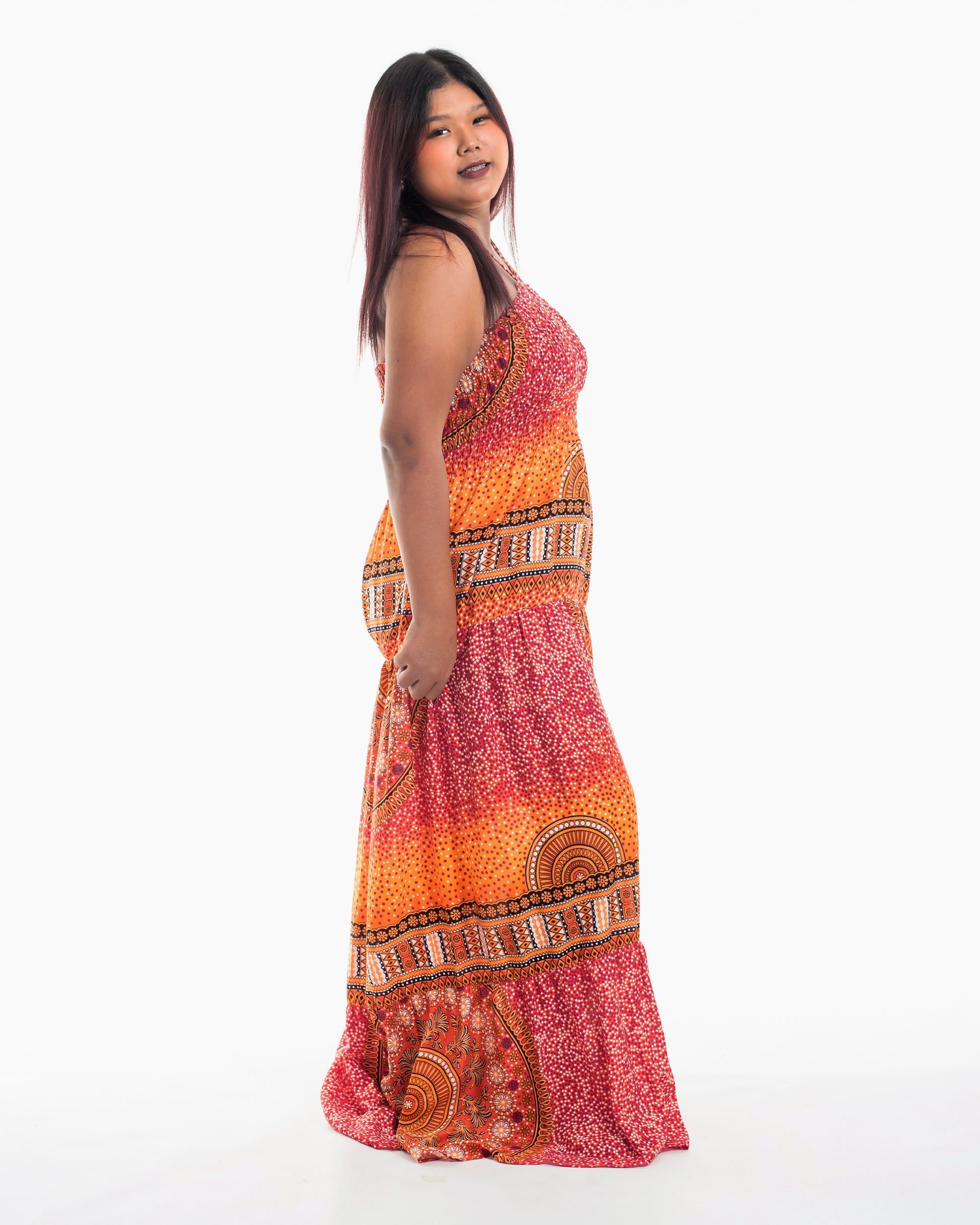 plus size orange maxi dress Plus Size Tribal Chakras Smocked Maxi Dress in Orange