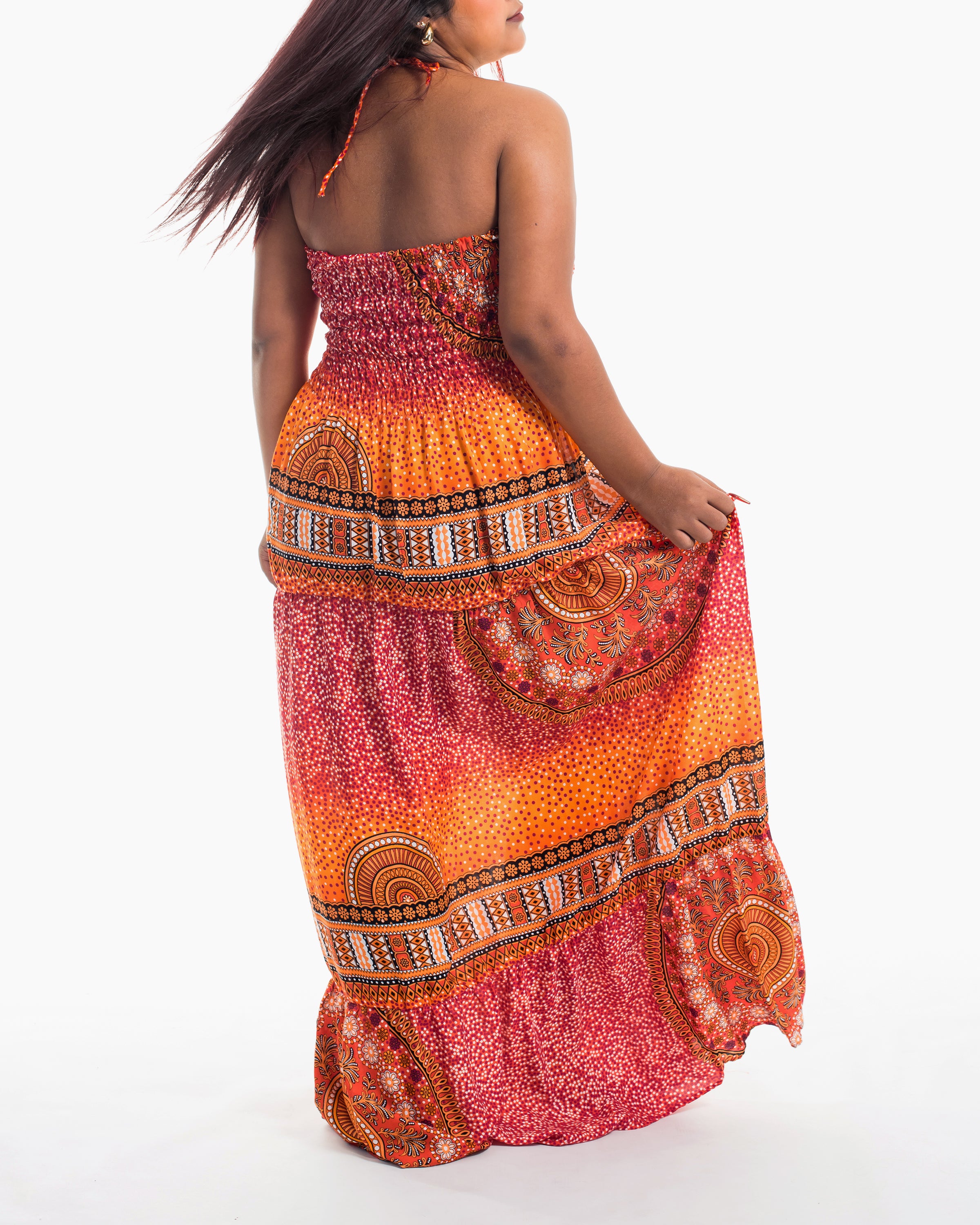 Plus Size Tribal Chakras Smocked Maxi Dress in Orange