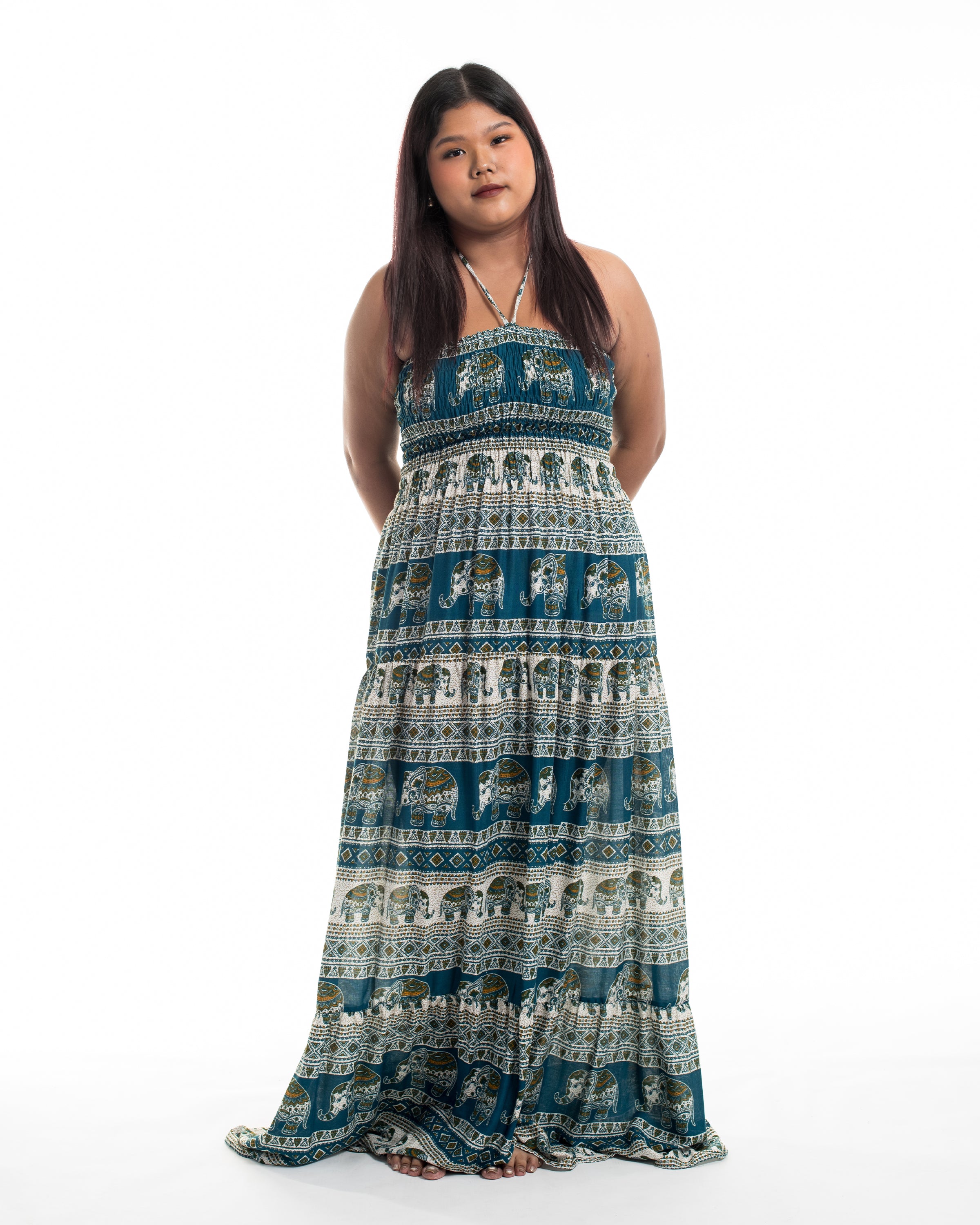 Plus Size Festive Elephants Smocked Maxi Dress in Teal