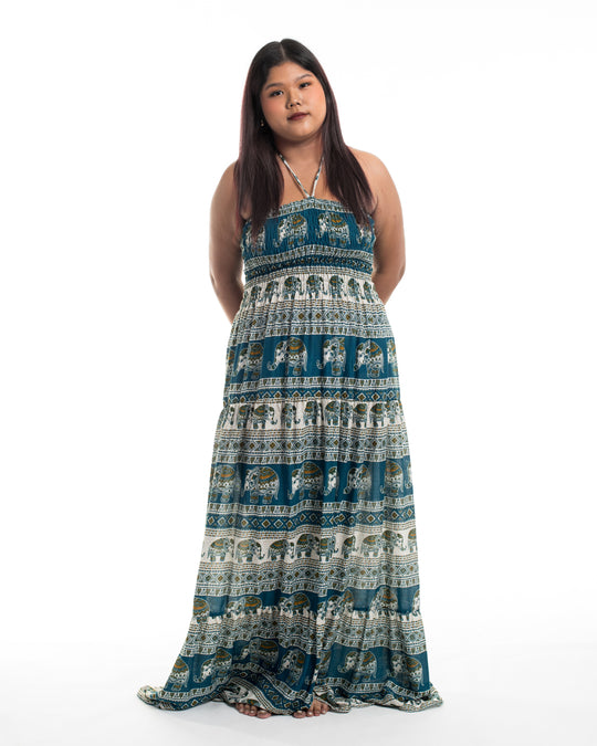 Plus Size Festive Elephants Smocked Maxi Dress in Teal