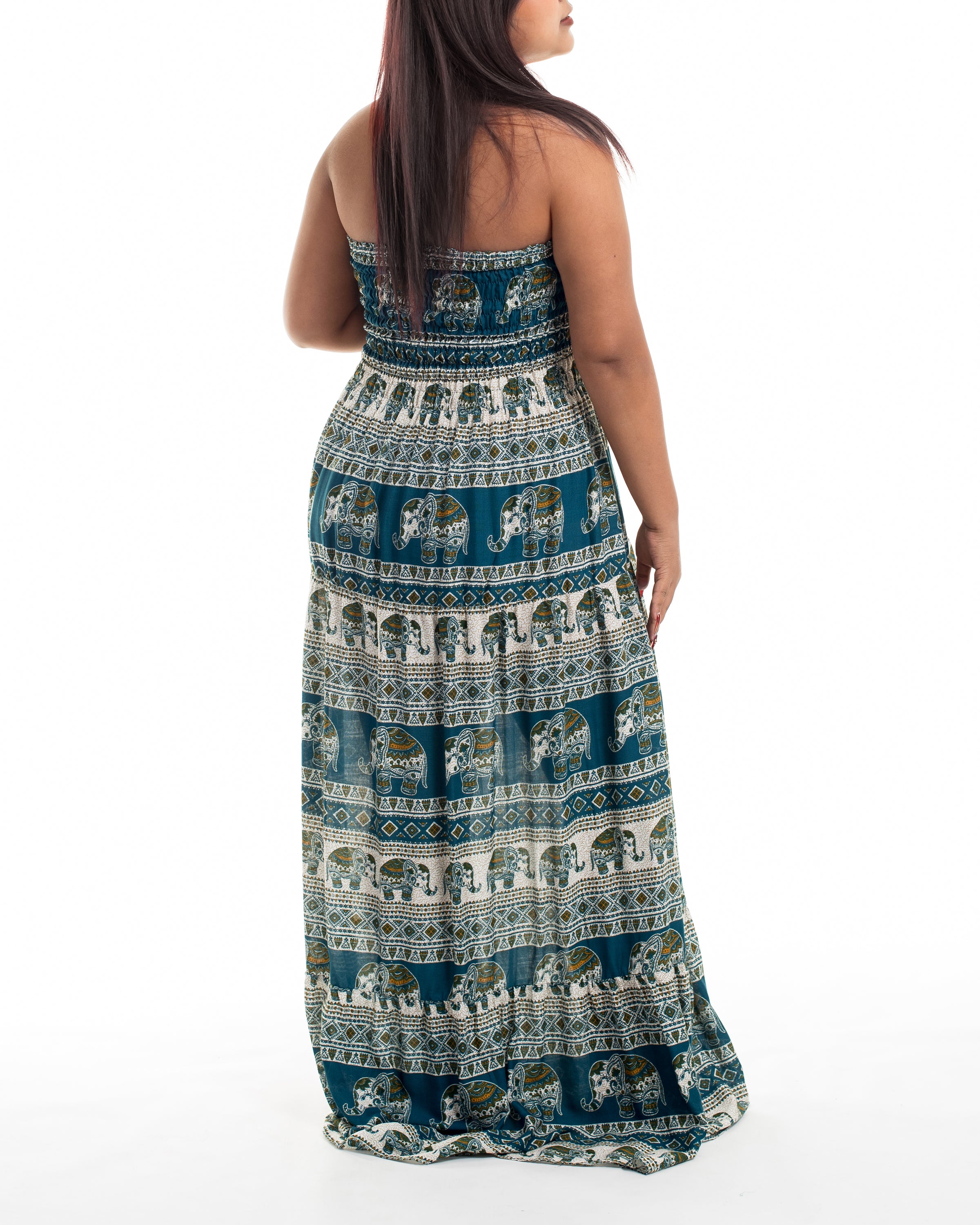 Plus Size Festive Elephants Smocked Maxi Dress in Teal