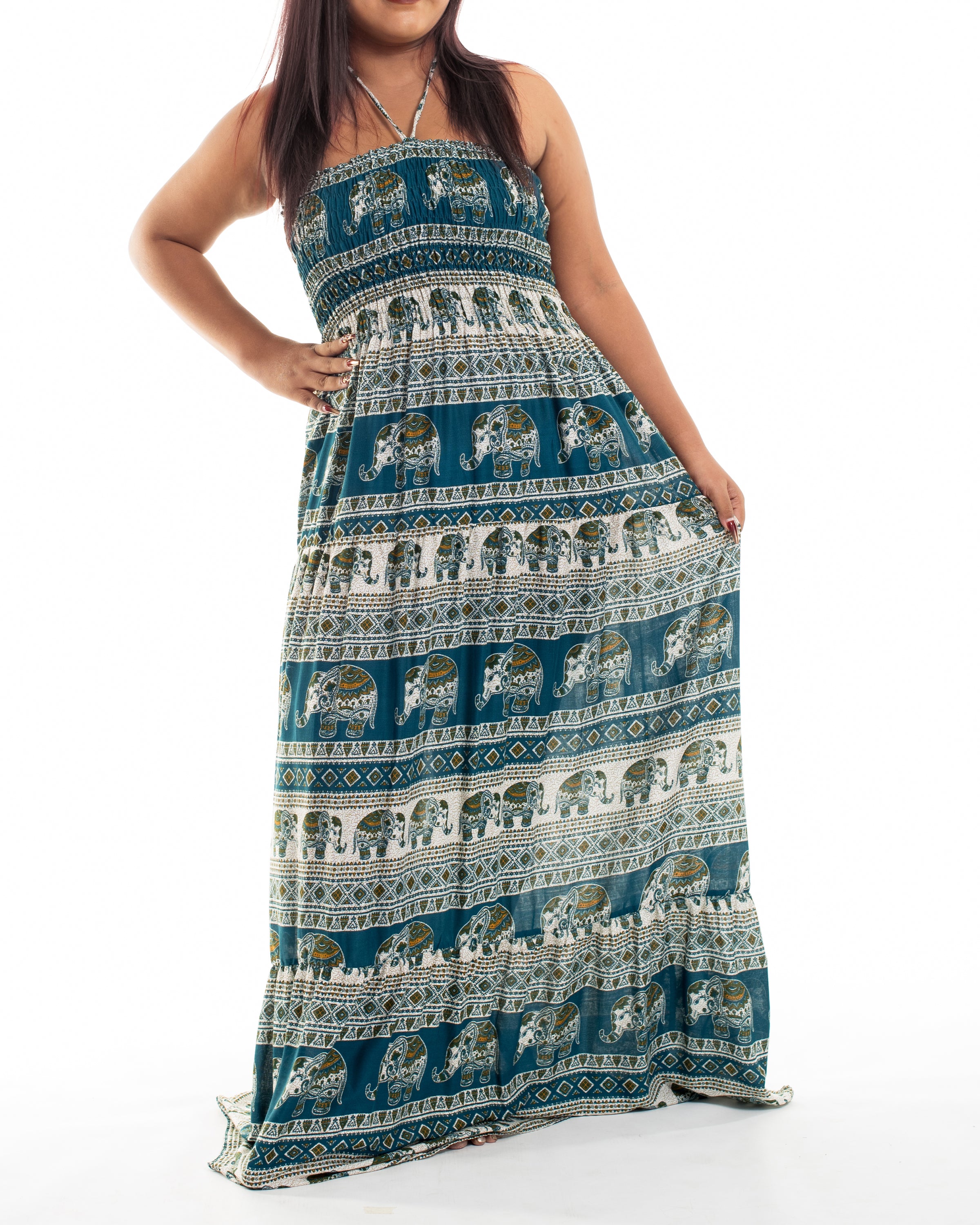 Plus Size Festive Elephants Smocked Maxi Dress in Teal