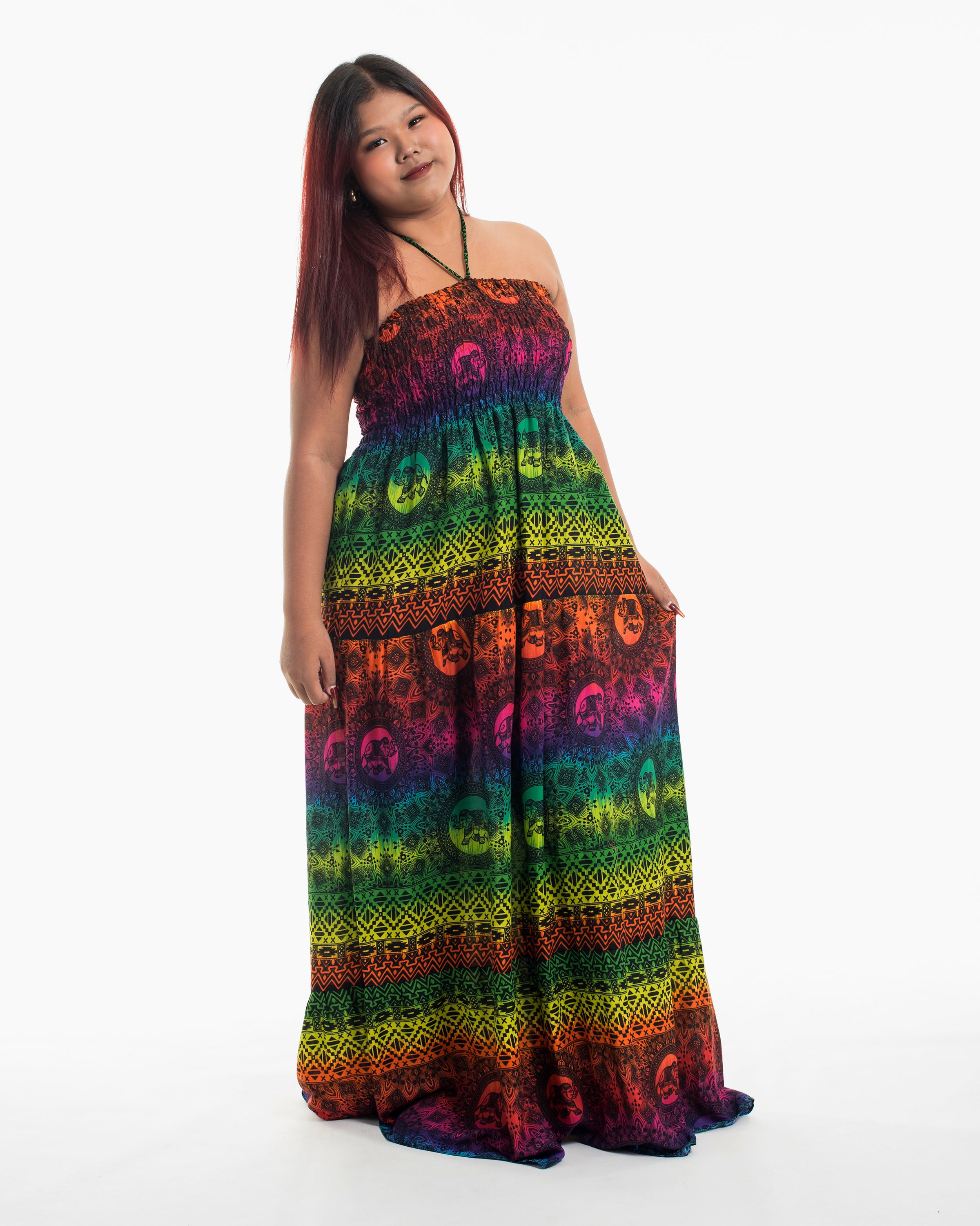 Plus Size Rainbow Elephant Smocked Maxi Dress in Green