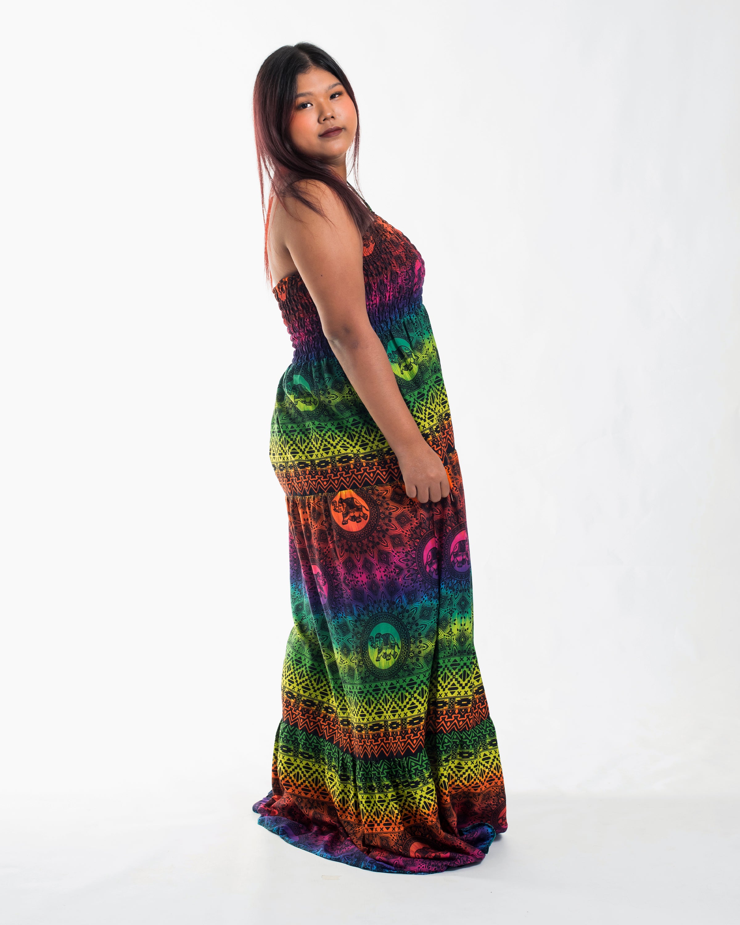 Plus Size Rainbow Elephant Smocked Maxi Dress in Green