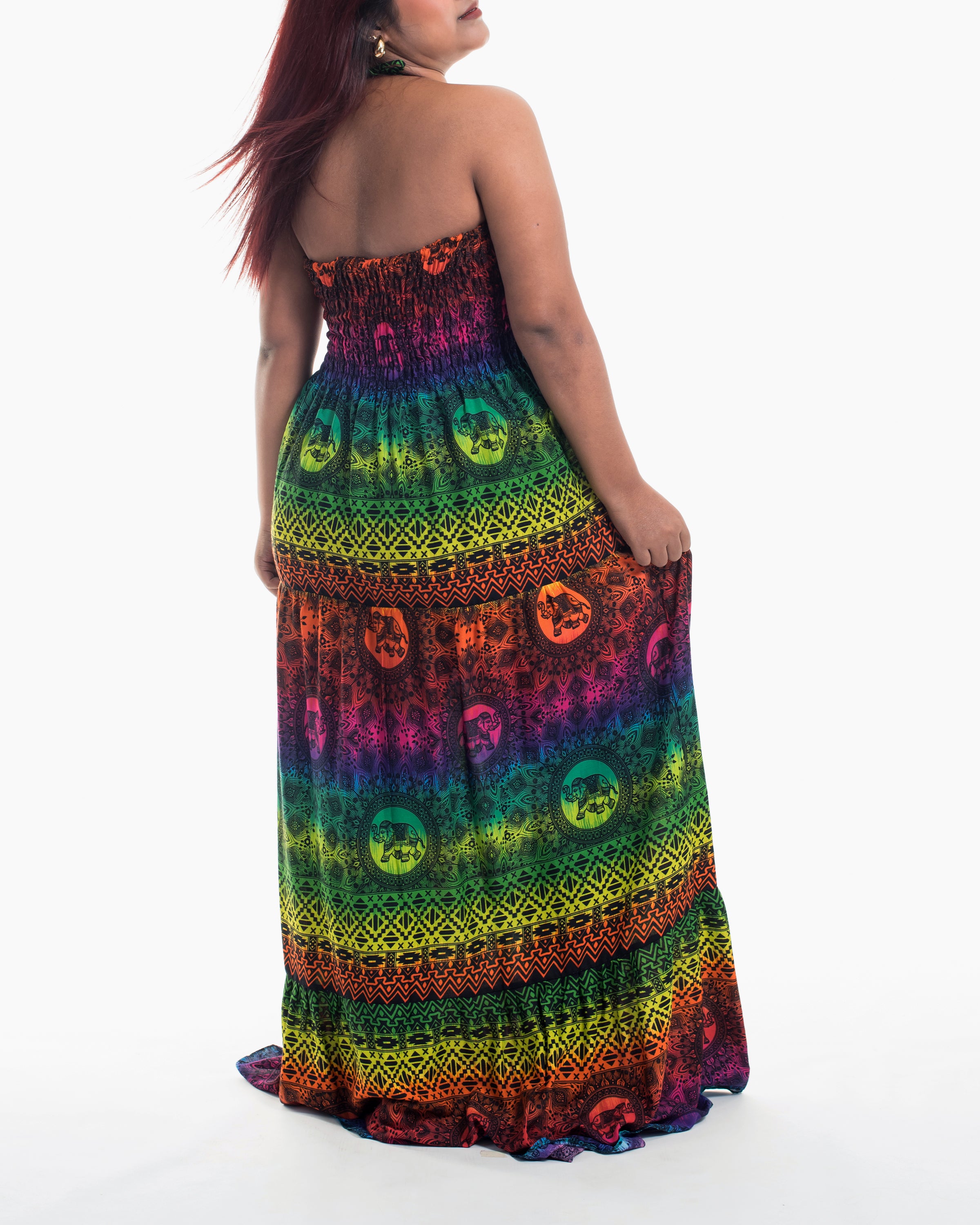 Plus Size Rainbow Elephant Smocked Maxi Dress in Green