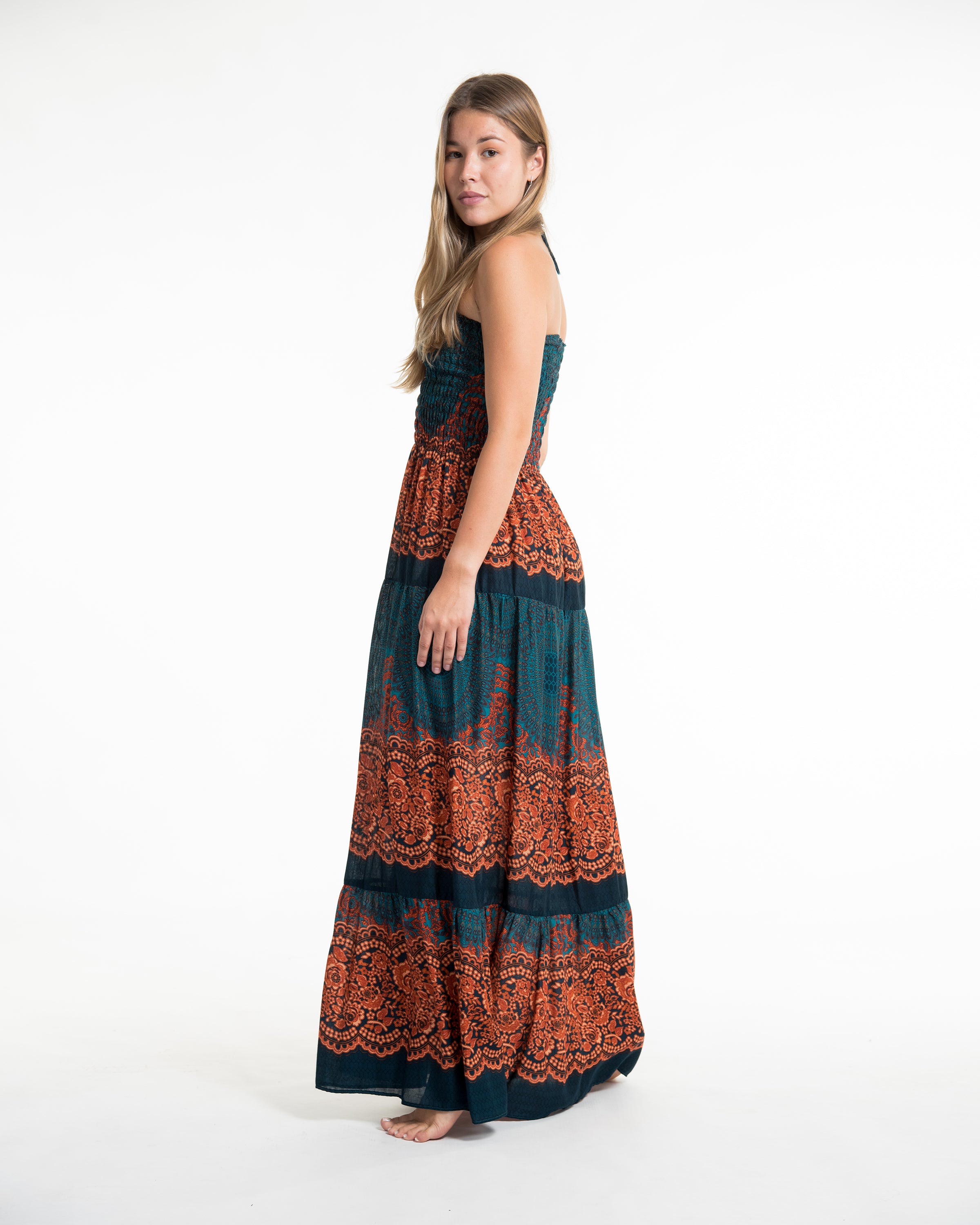 Geometric Mandalas Smocked Maxi Dress in Turquoise
