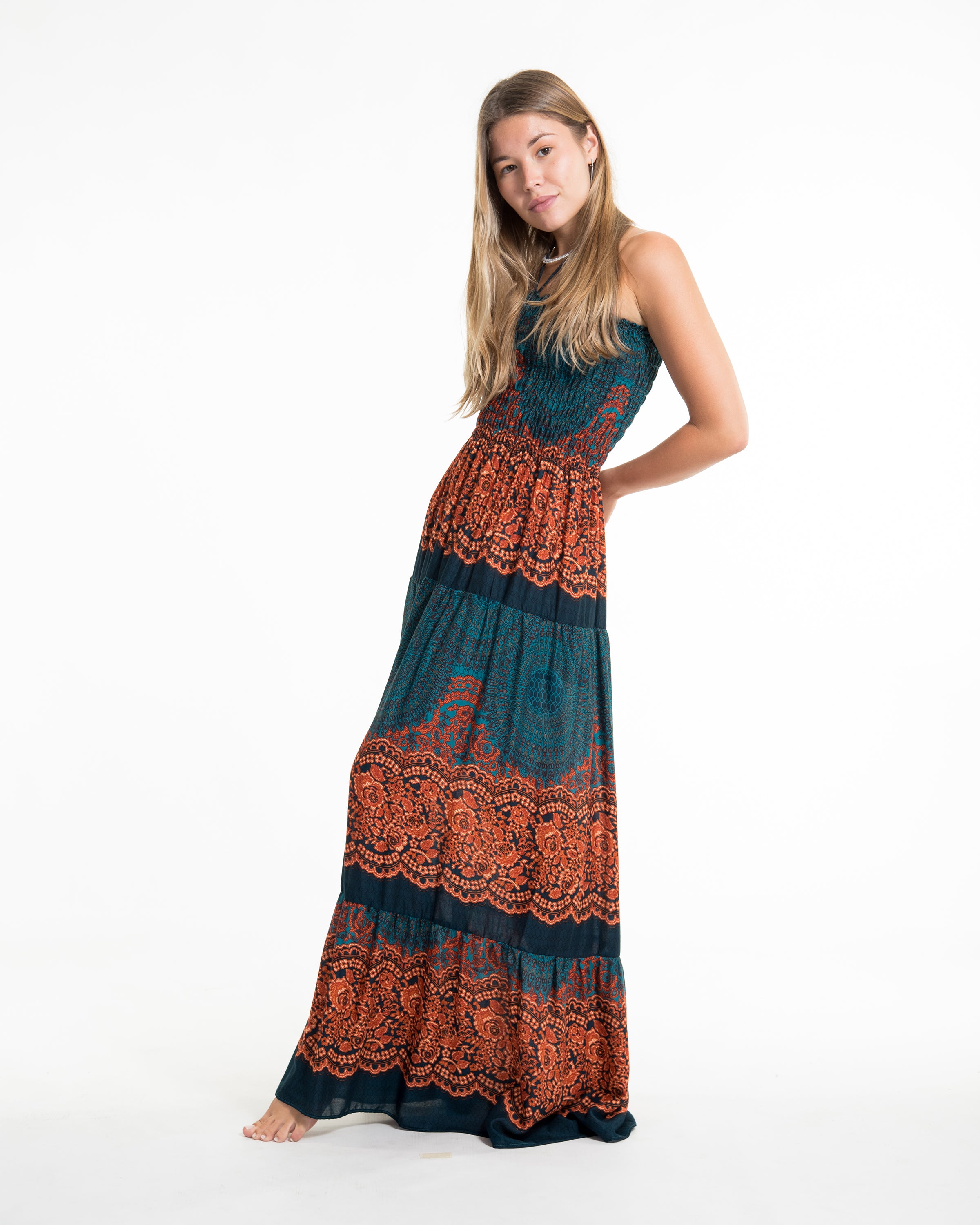 Geometric Mandalas Smocked Maxi Dress in Turquoise