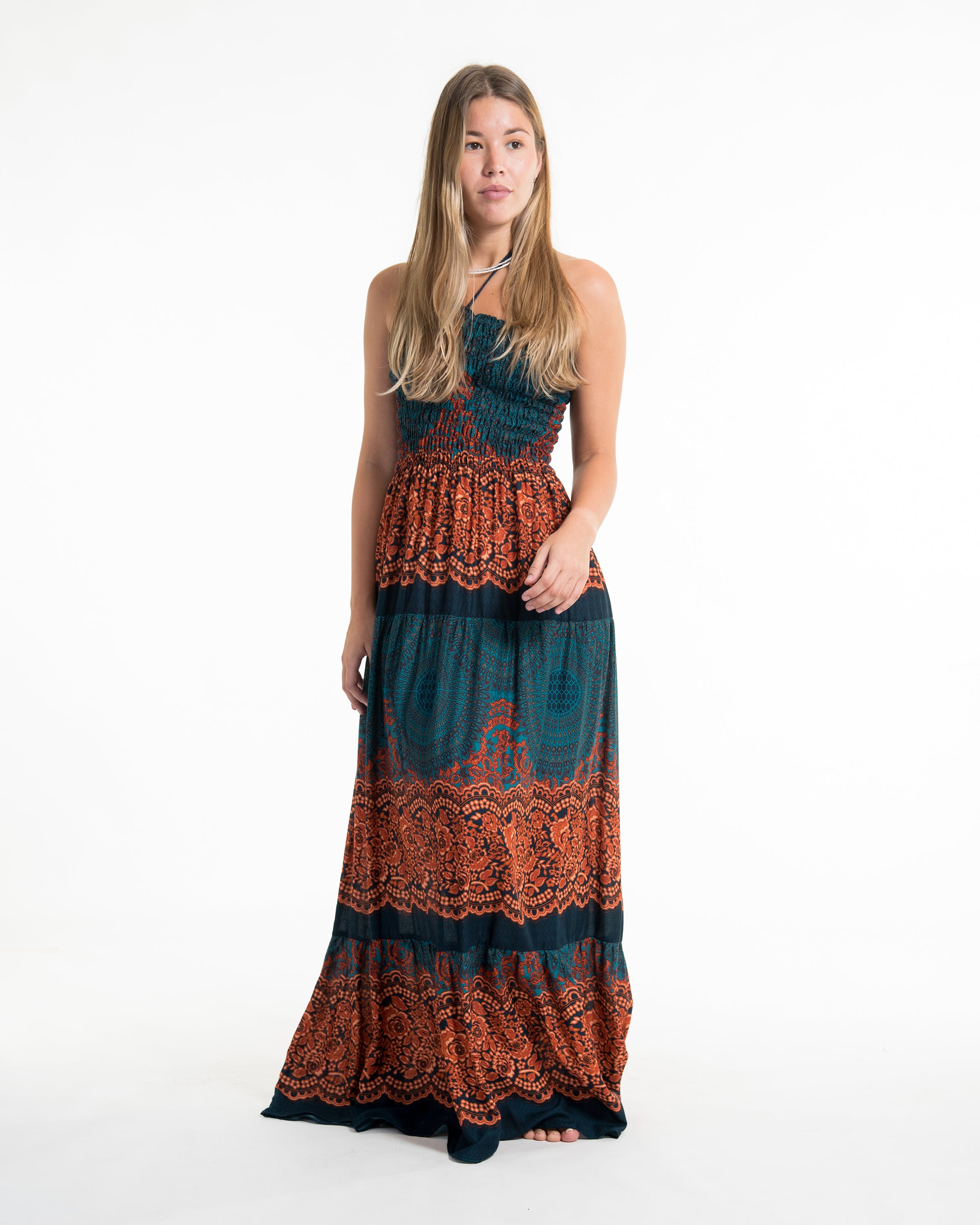 Geometric Mandalas Smocked Maxi Dress in Turquoise
