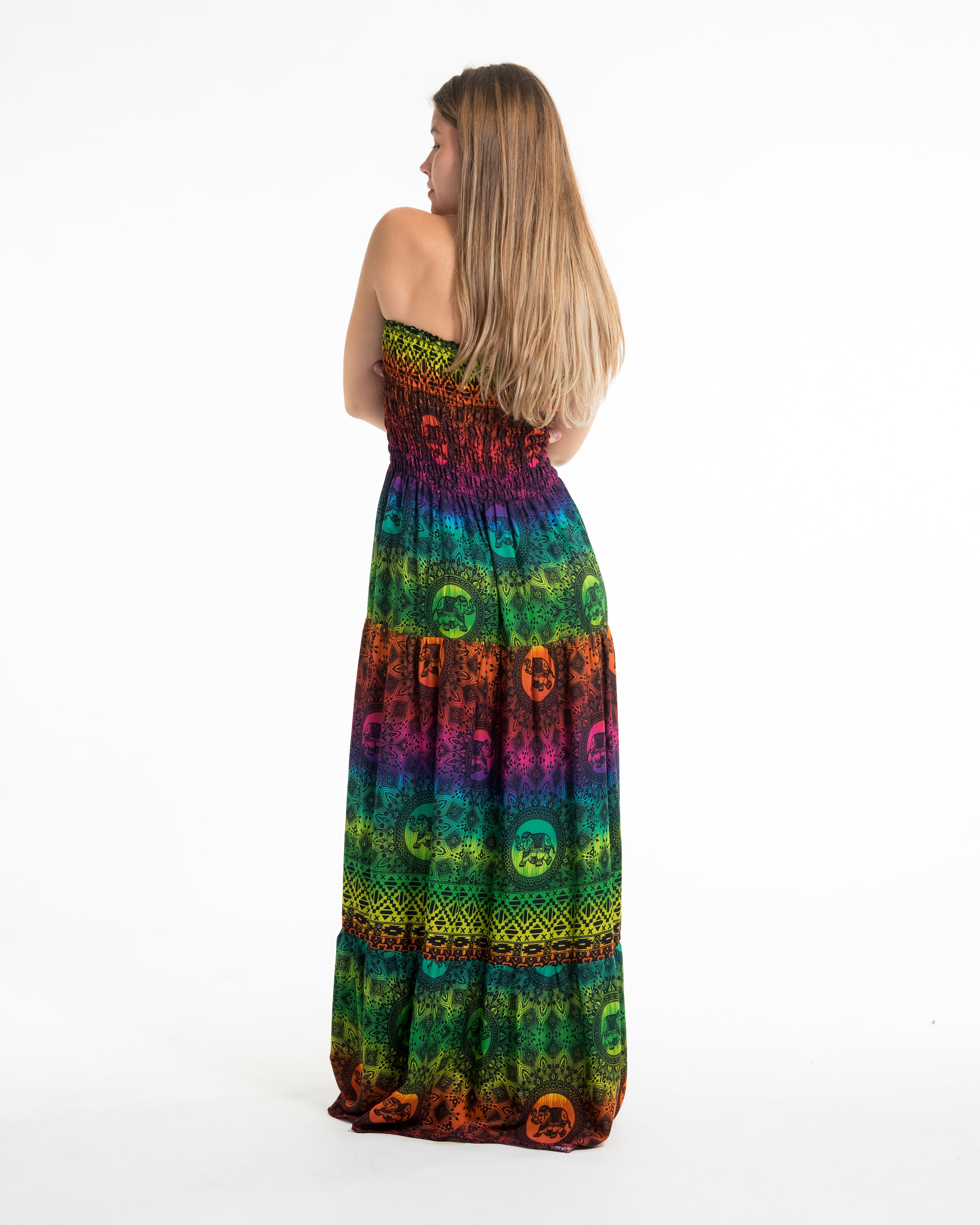 Rainbow Elephant Smocked Maxi Dress in Green