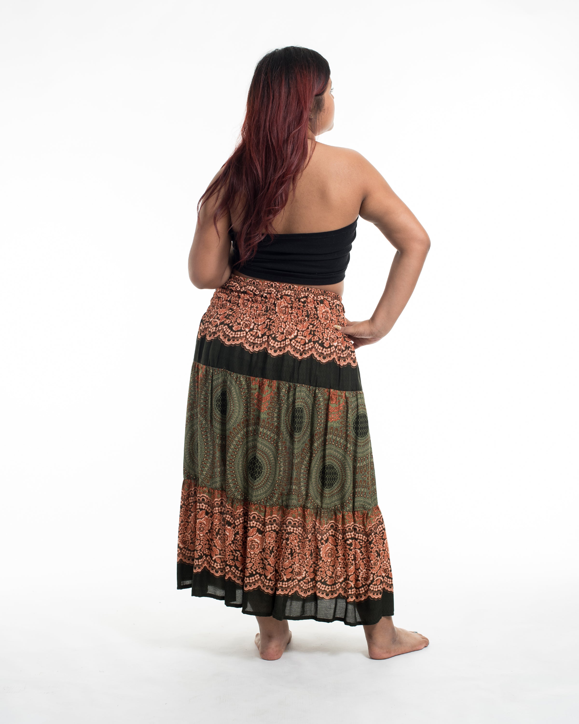Plus Size Geometric Mandalas Midi Skirt in Olive