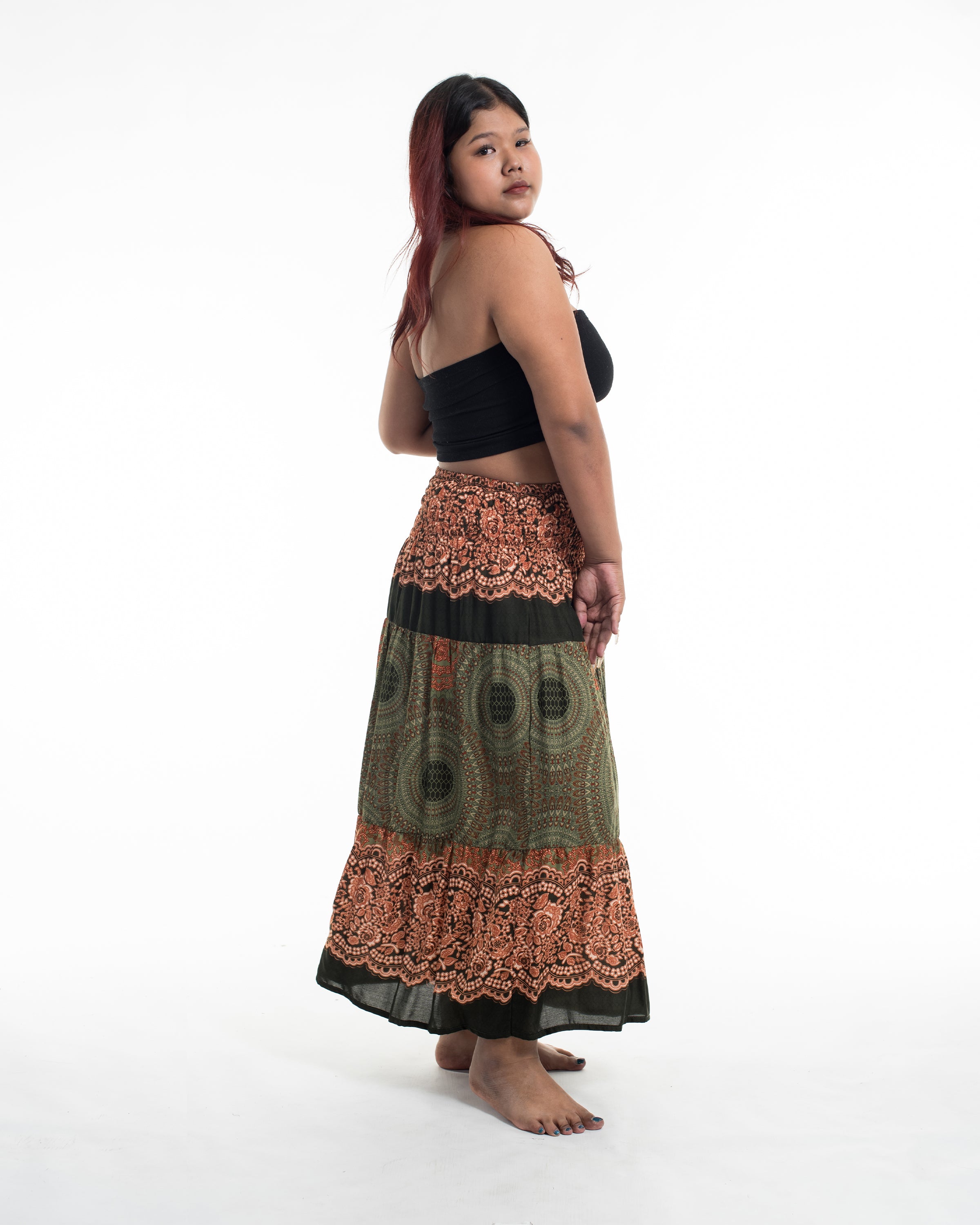 Plus Size Geometric Mandalas Midi Skirt in Olive