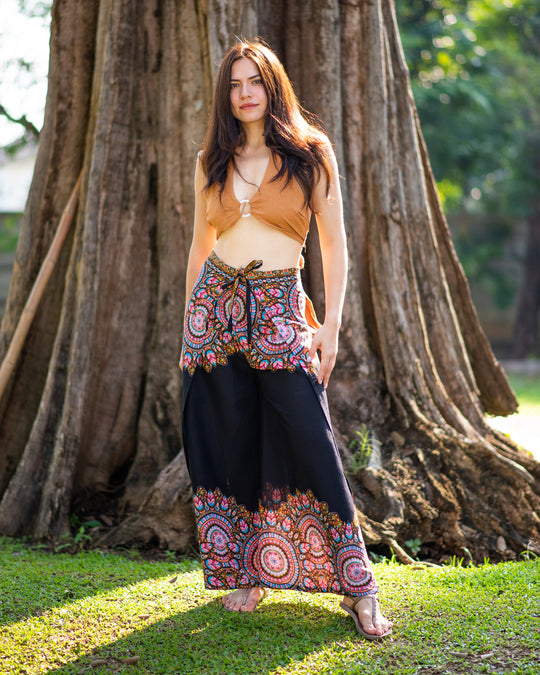 Feather Mandalas Wrap Palazzo Style Harem Pants in Black