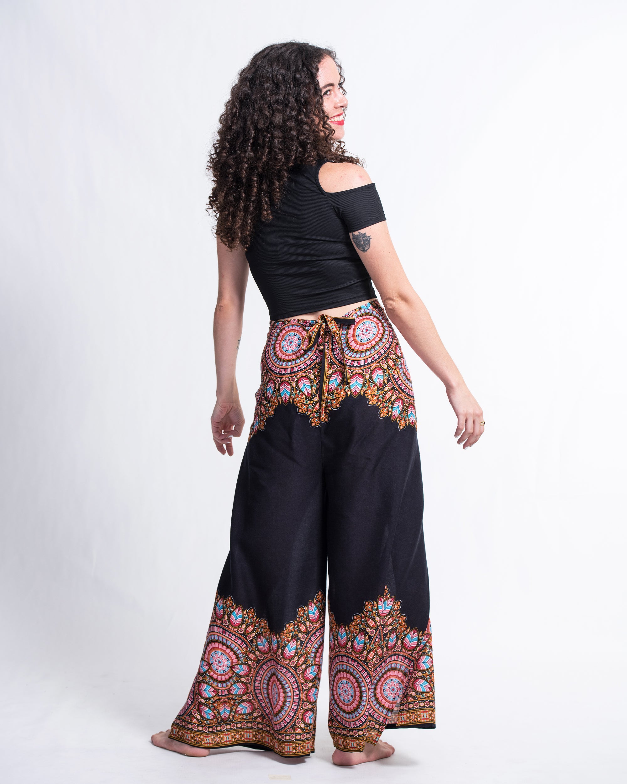 Feather Mandalas Wrap Palazzo Style Harem Pants in Black