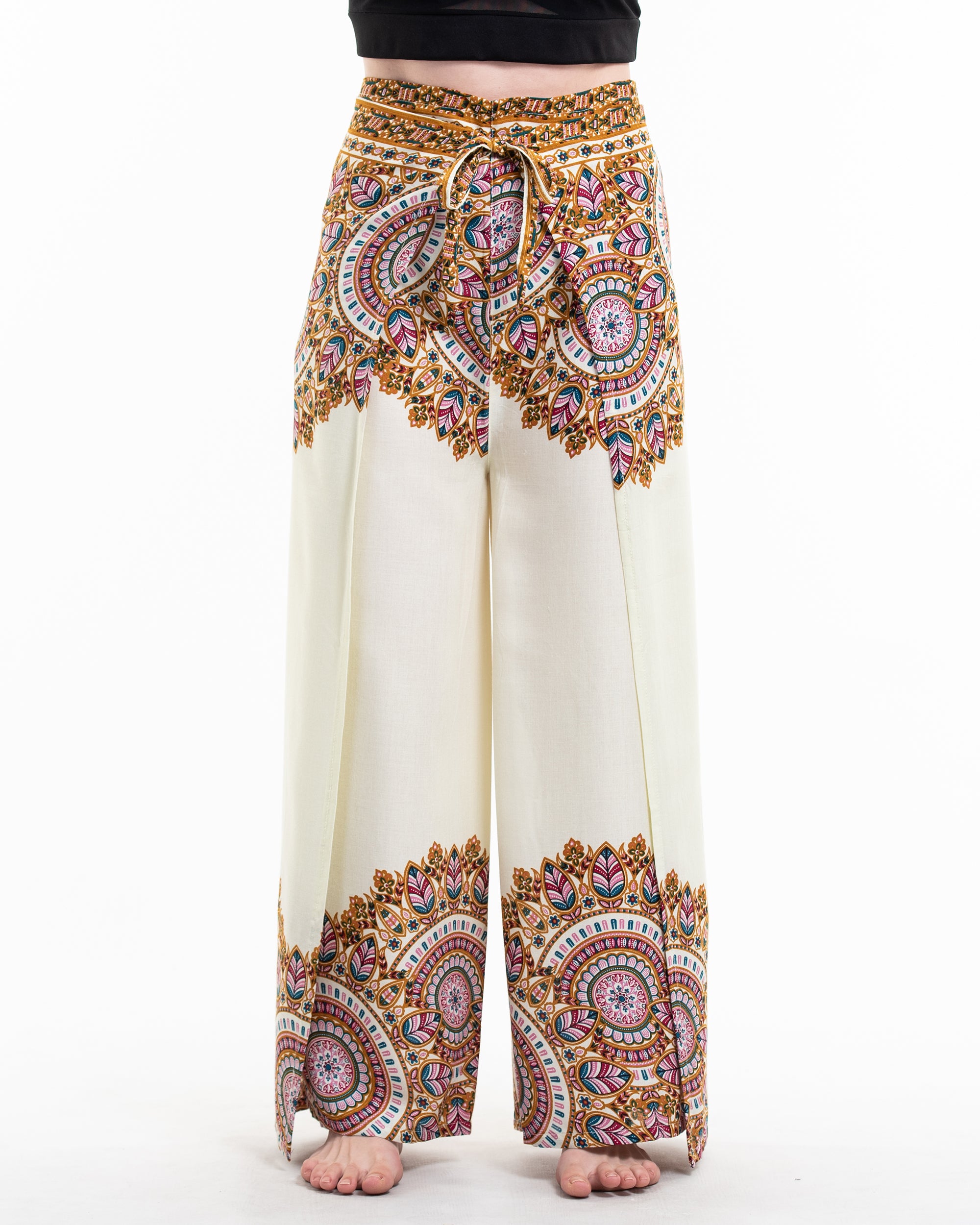 Feather Mandalas Wrap Palazzo Style Harem Pants in Cream