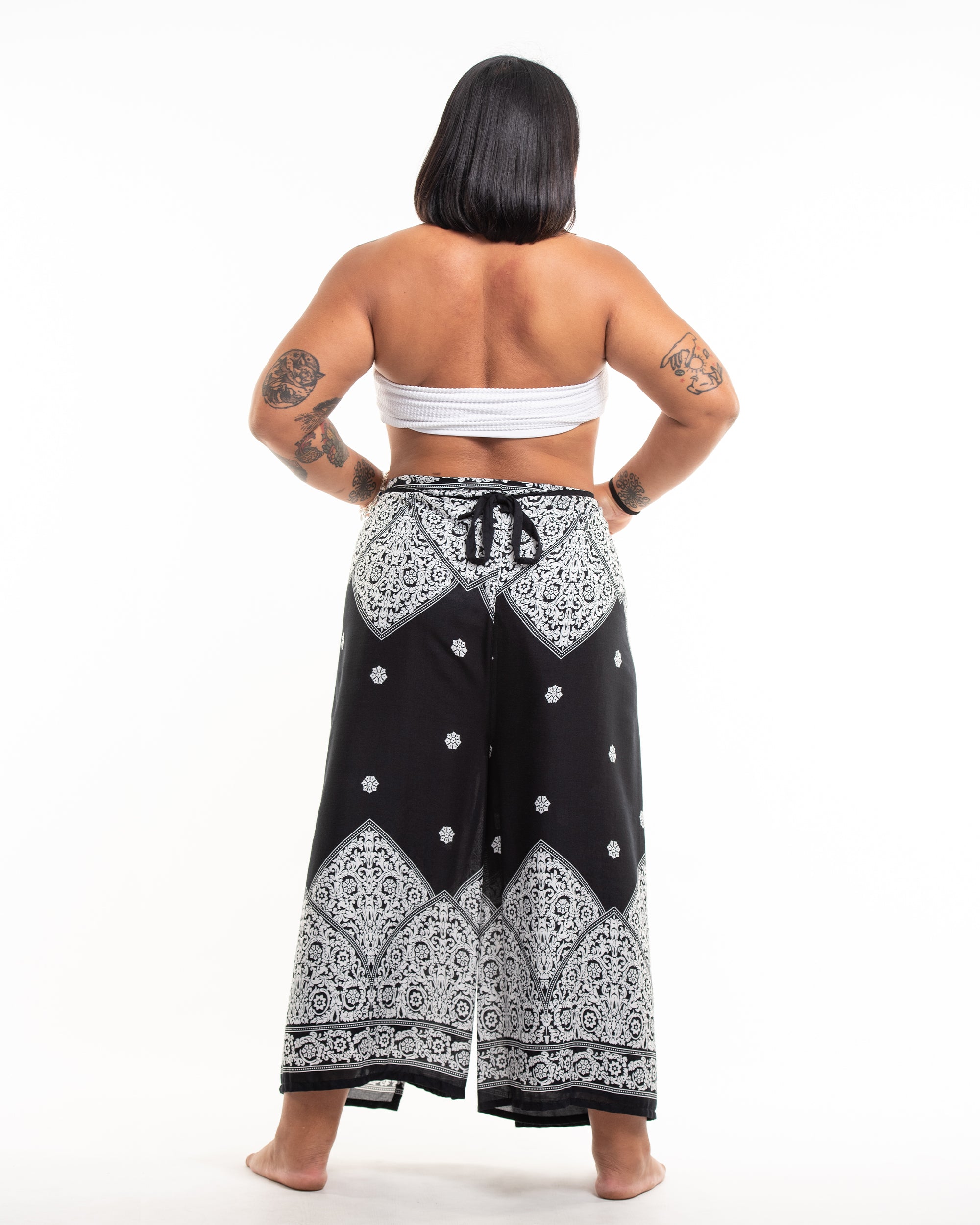 Plus Size Blooming Vines Wrap Palazzo Style Harem Pants in Black