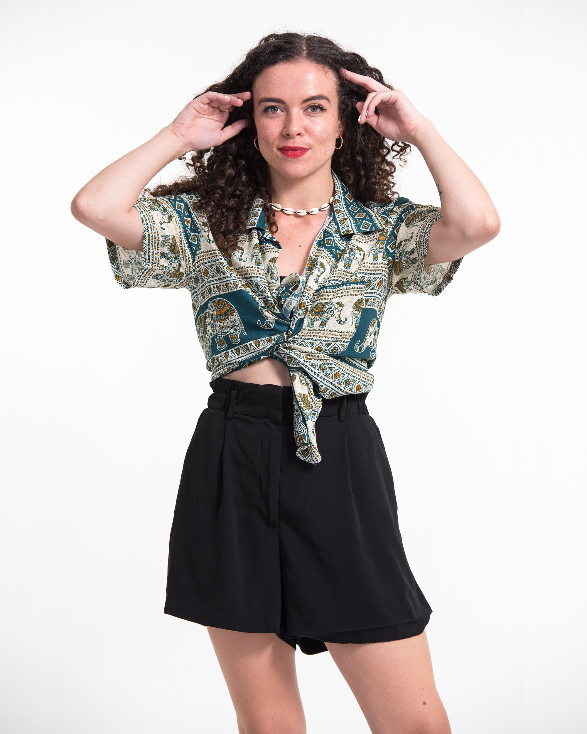 Tribal Elephant Short Sleeve Button Shirt in Teal