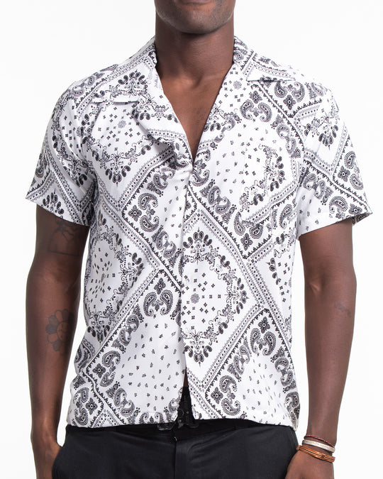Patchwork Paisley Short Sleeve Button Shirt in White