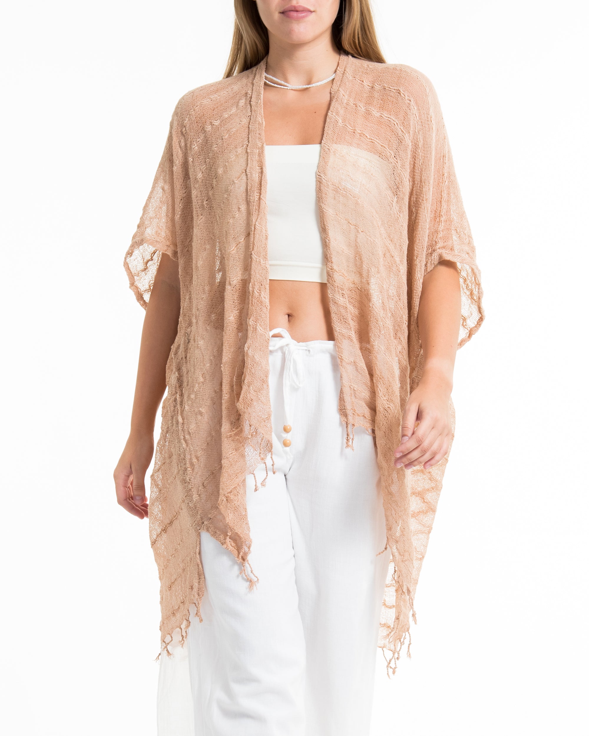Hand-Woven Cotton Kimono Cardigan in Beige
