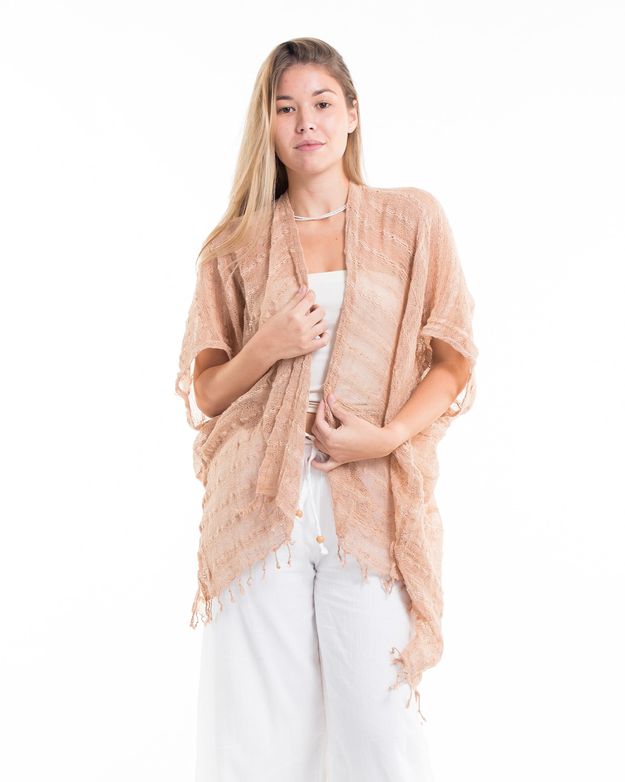Hand-Woven Cotton Kimono Cardigan in Beige