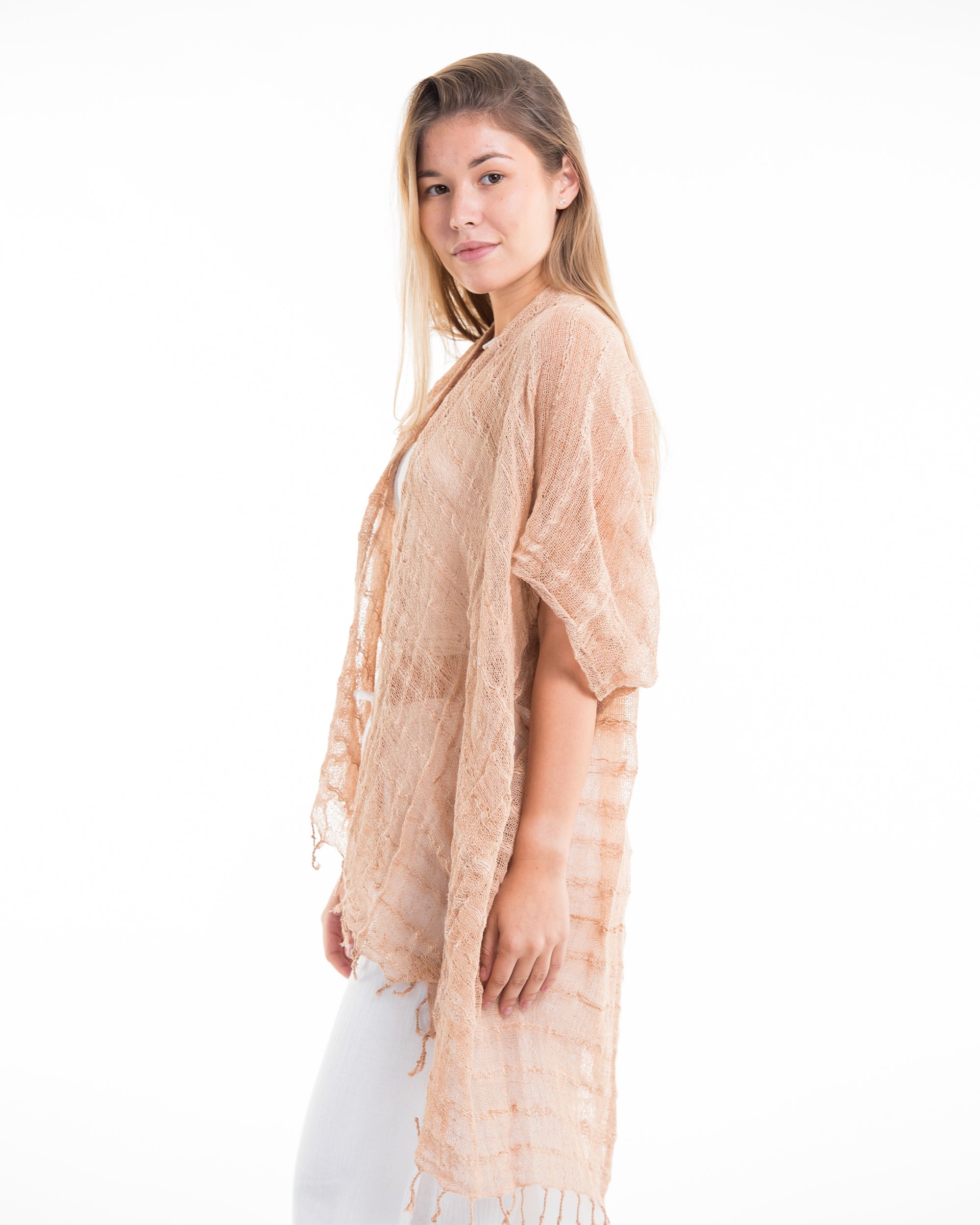 Hand-Woven Cotton Kimono Cardigan in Beige