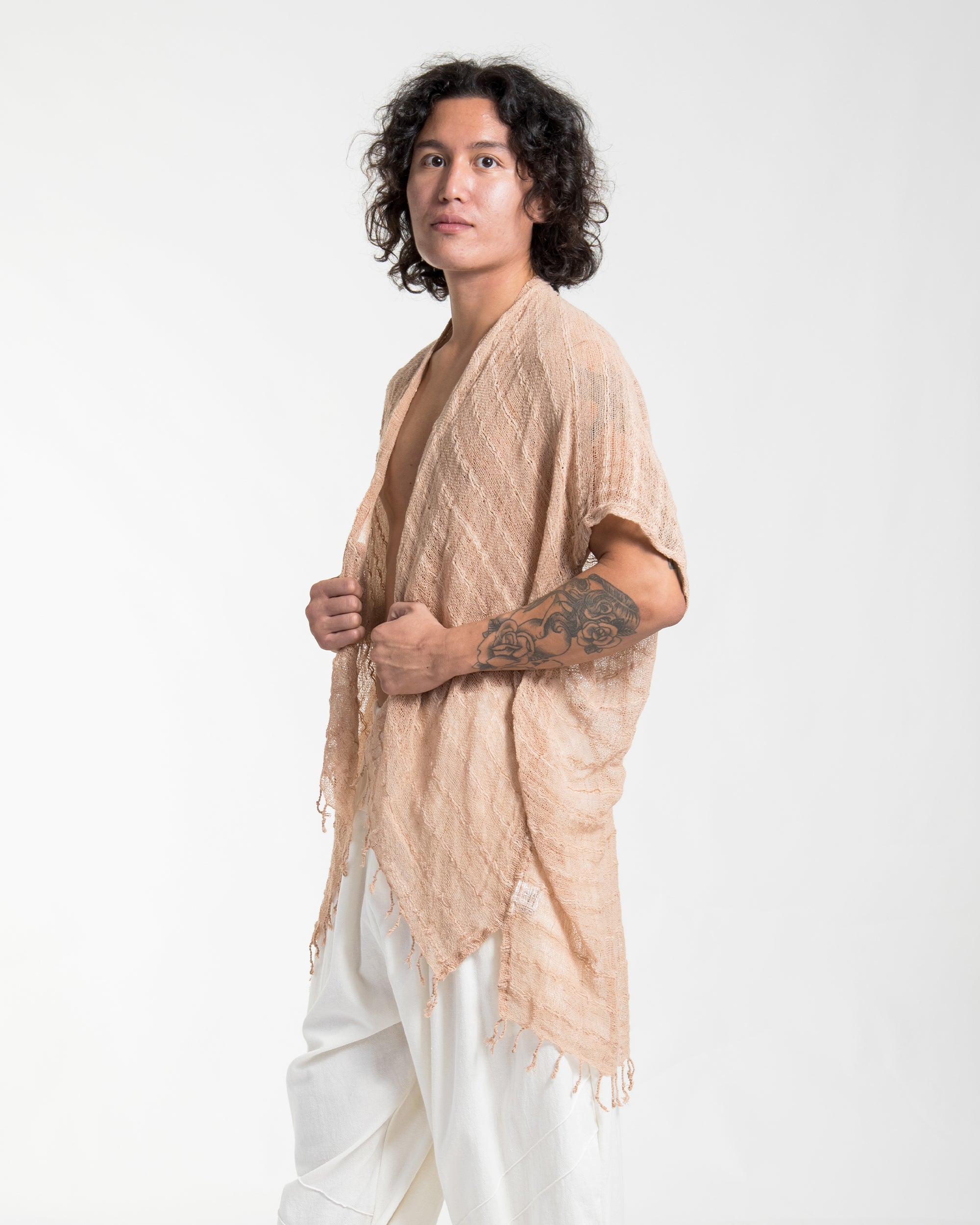 Hand-Woven Cotton Kimono Cardigan in Beige