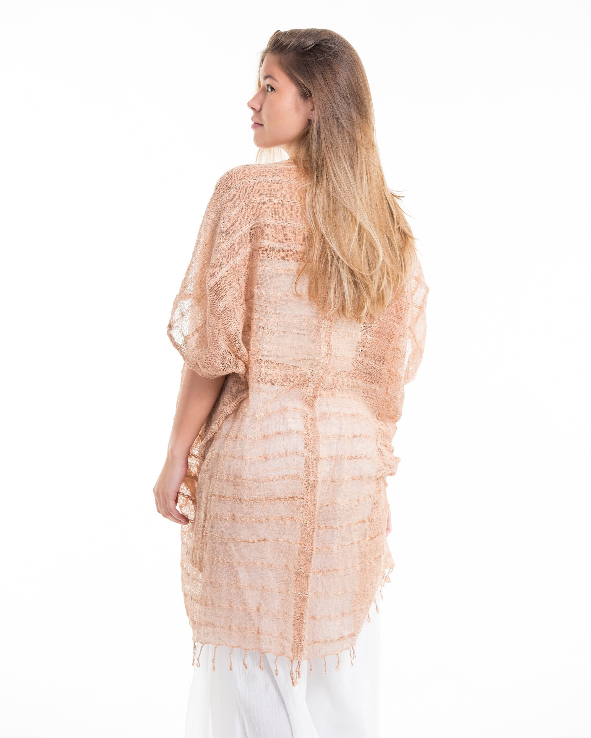 Hand-Woven Cotton Kimono Cardigan in Beige