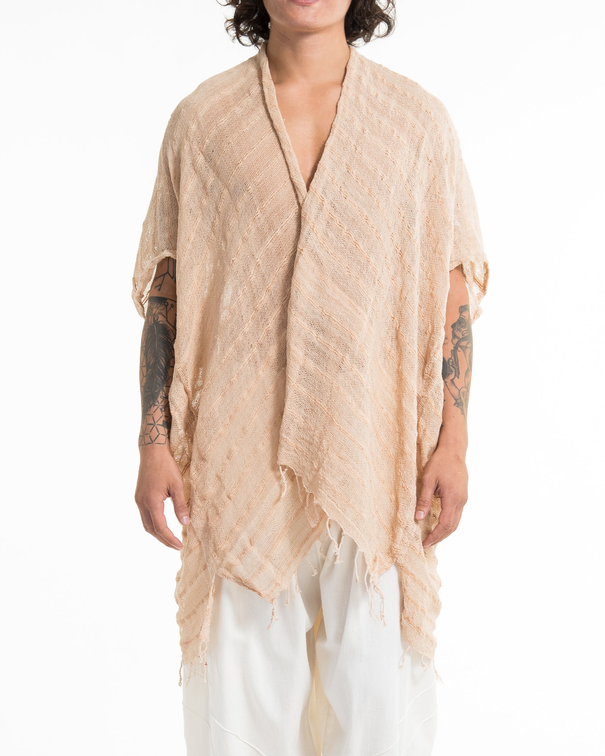 Hand-Woven Cotton Kimono Cardigan in Tan