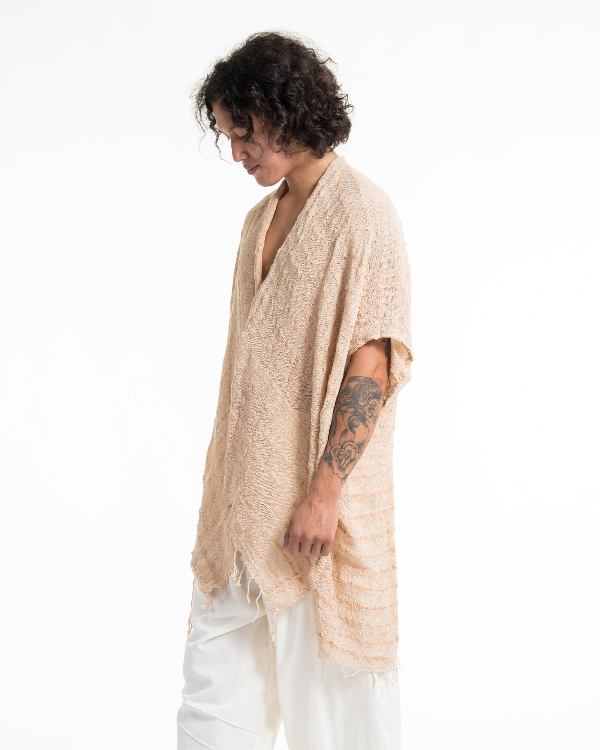 Hand-Woven Cotton Kimono Cardigan in Tan