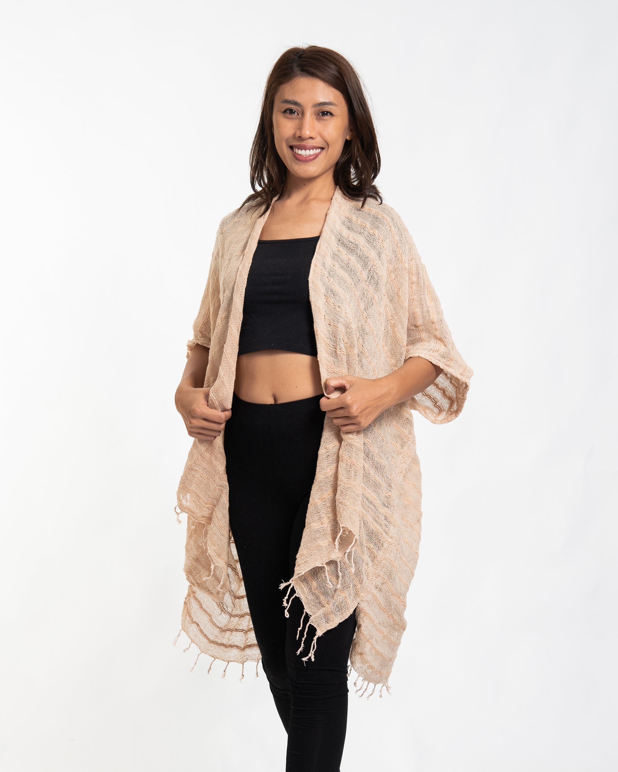 Hand-Woven Cotton Kimono Cardigan in Tan