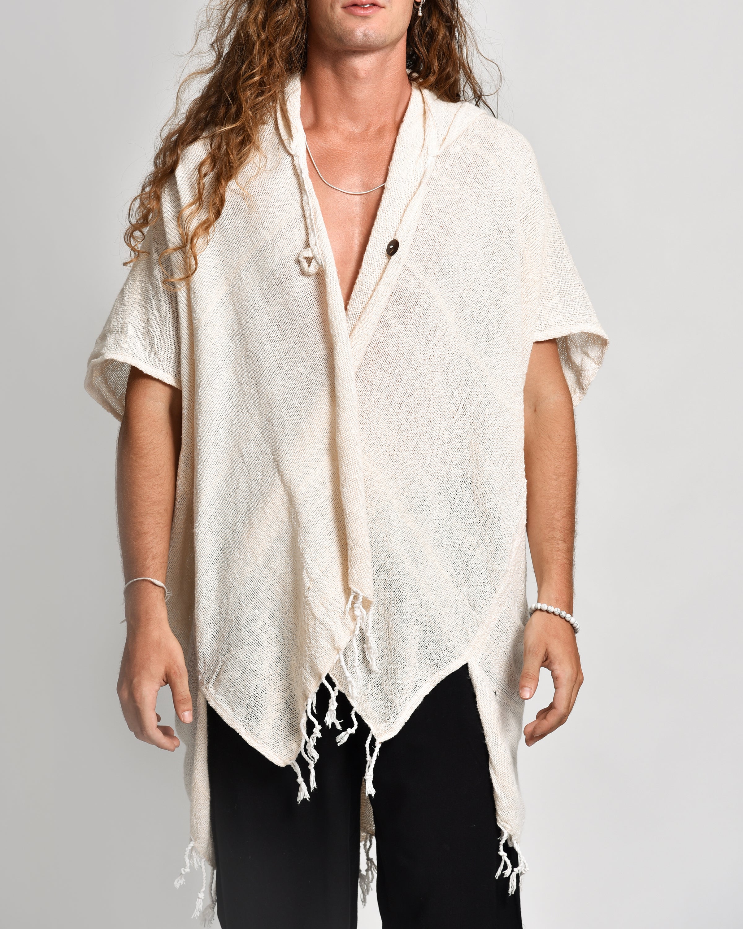 Hand-Woven Cotton Hooded Kimono Cardigan in Off White