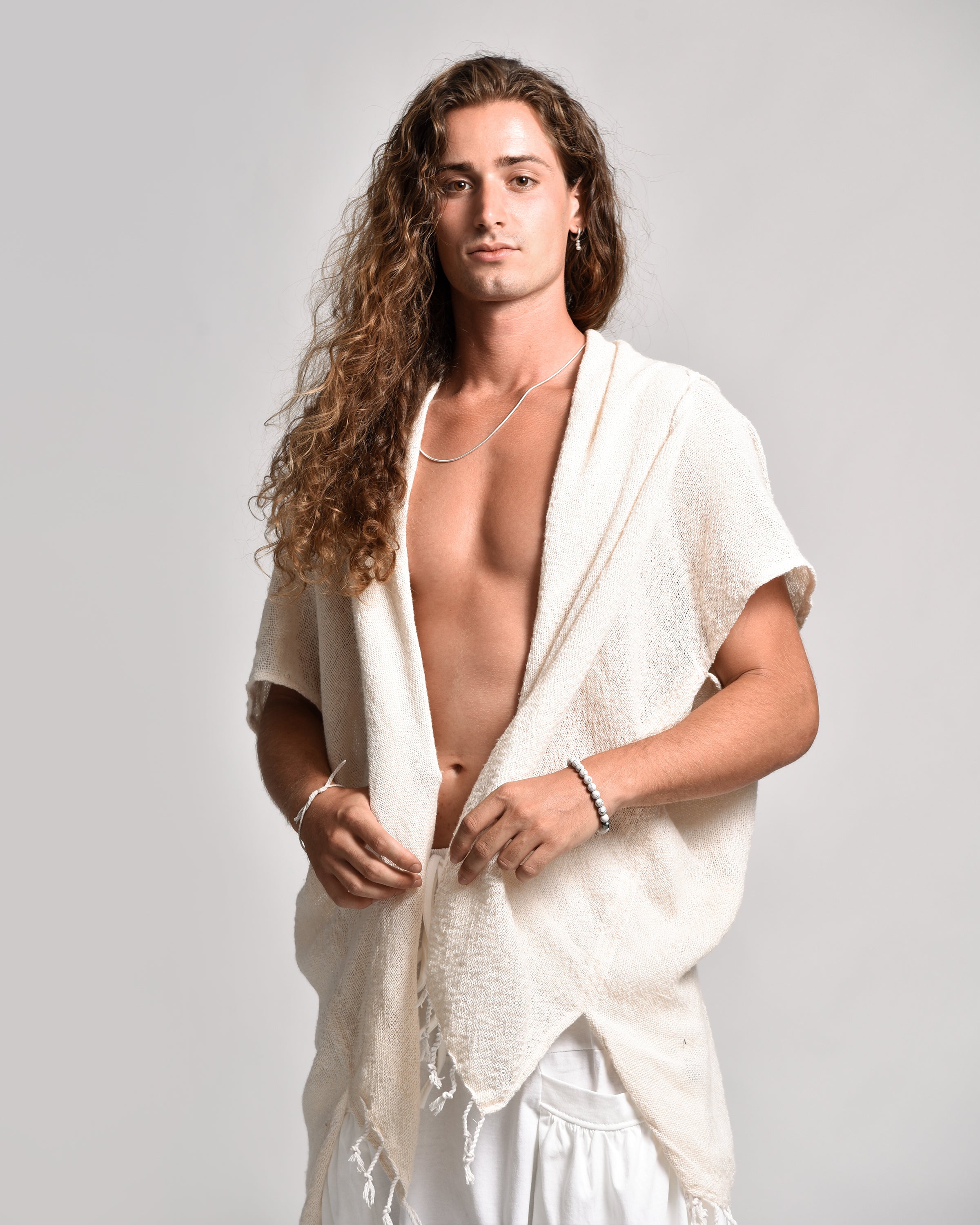 Hand-Woven Cotton Hooded Kimono Cardigan in Off White
