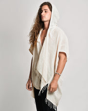Hand-Woven Cotton Hooded Kimono Cardigan in Off White