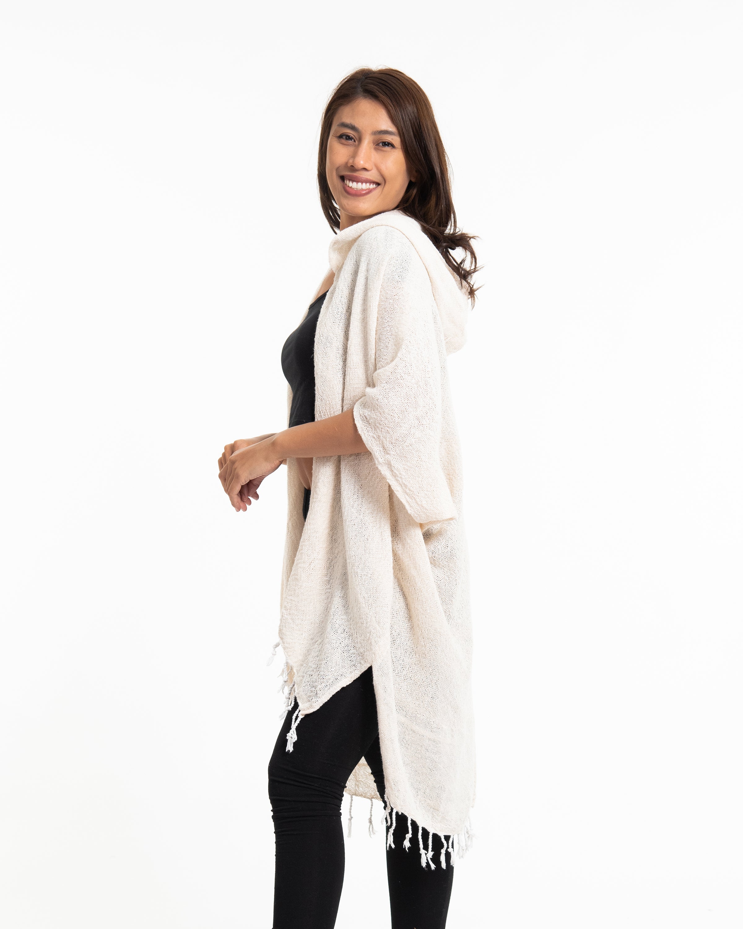 Hand-Woven Cotton Hooded Kimono Cardigan in Off White