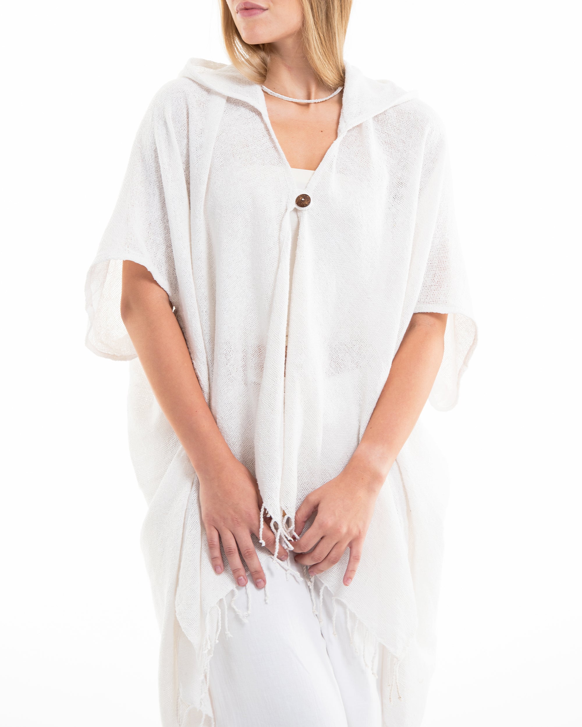 Hand-Woven Cotton Hooded Kimono Cardigan in White